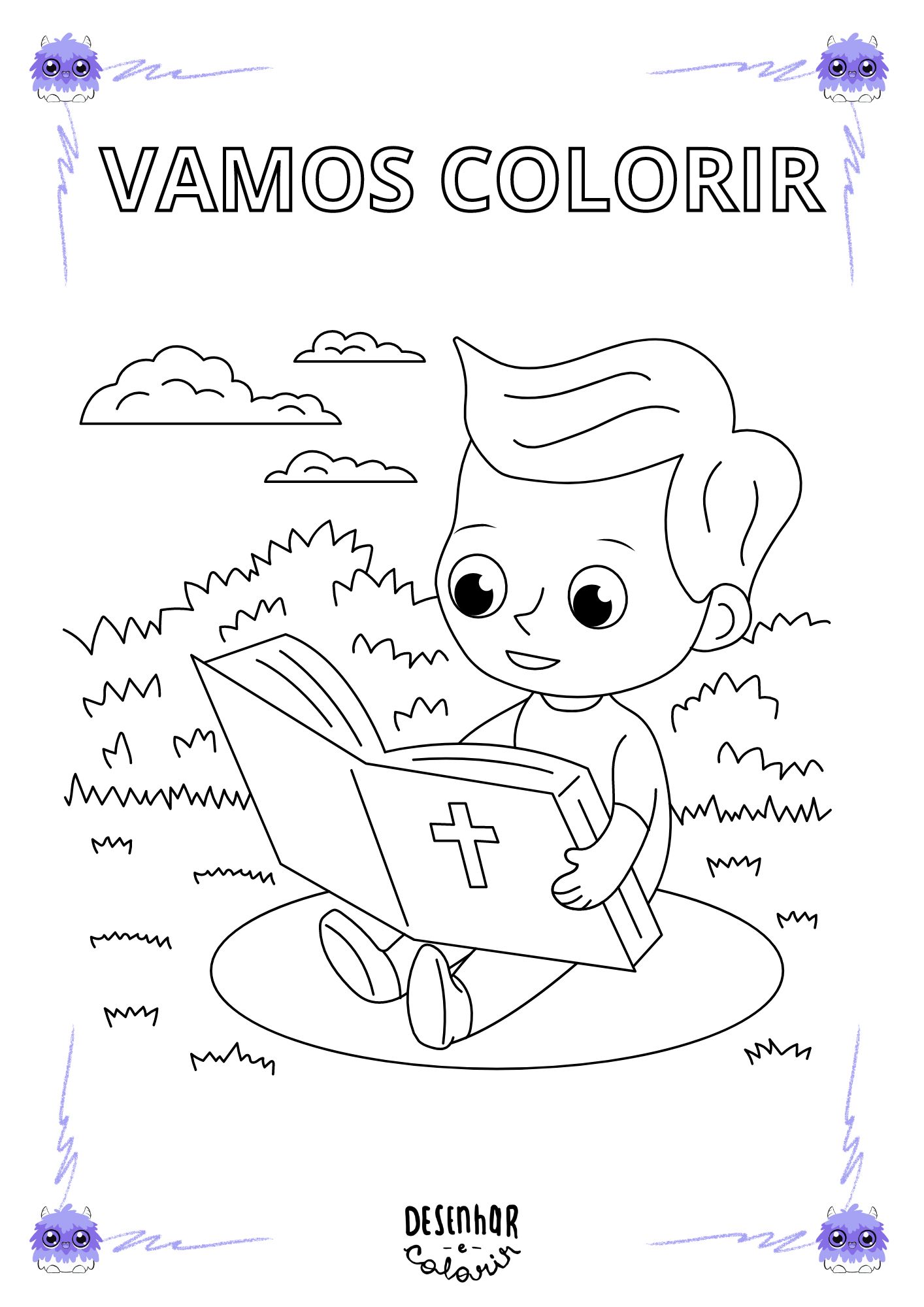 Desenho de crianças lendo para colorir