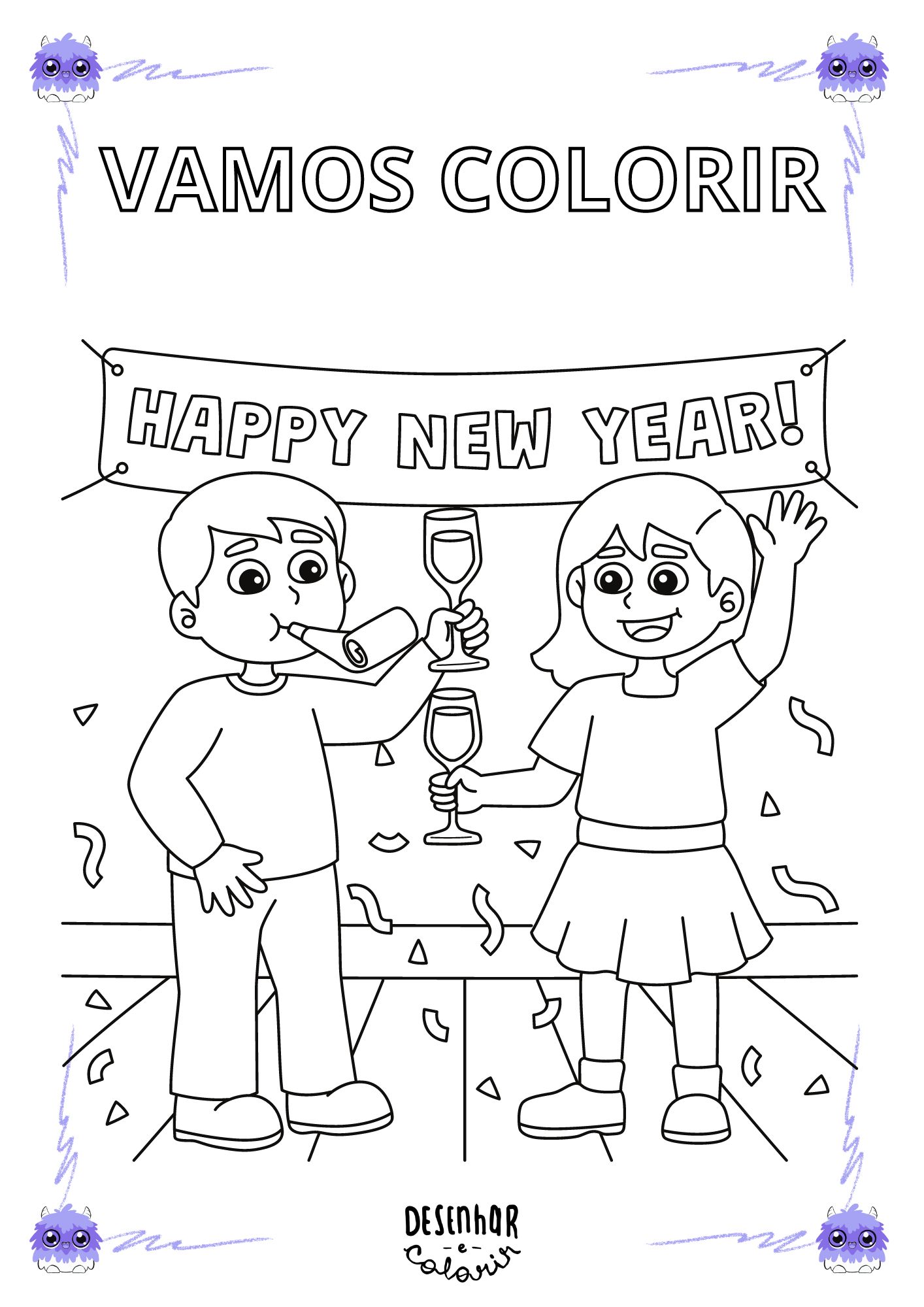 Desenho de Ano Novo com balões e fogos de artifício para colorir