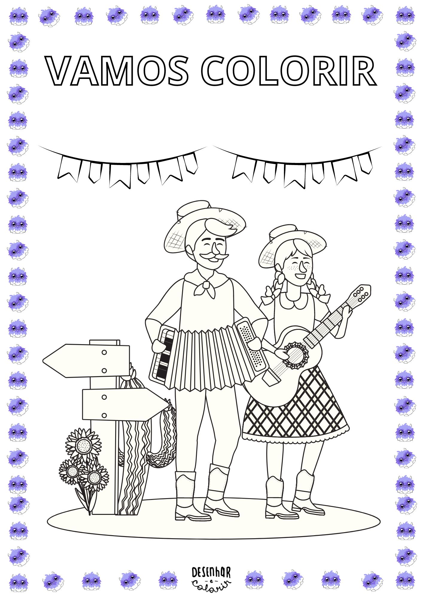 Desenho Junino com balões, fogueiras e bandeirinhas para colorir