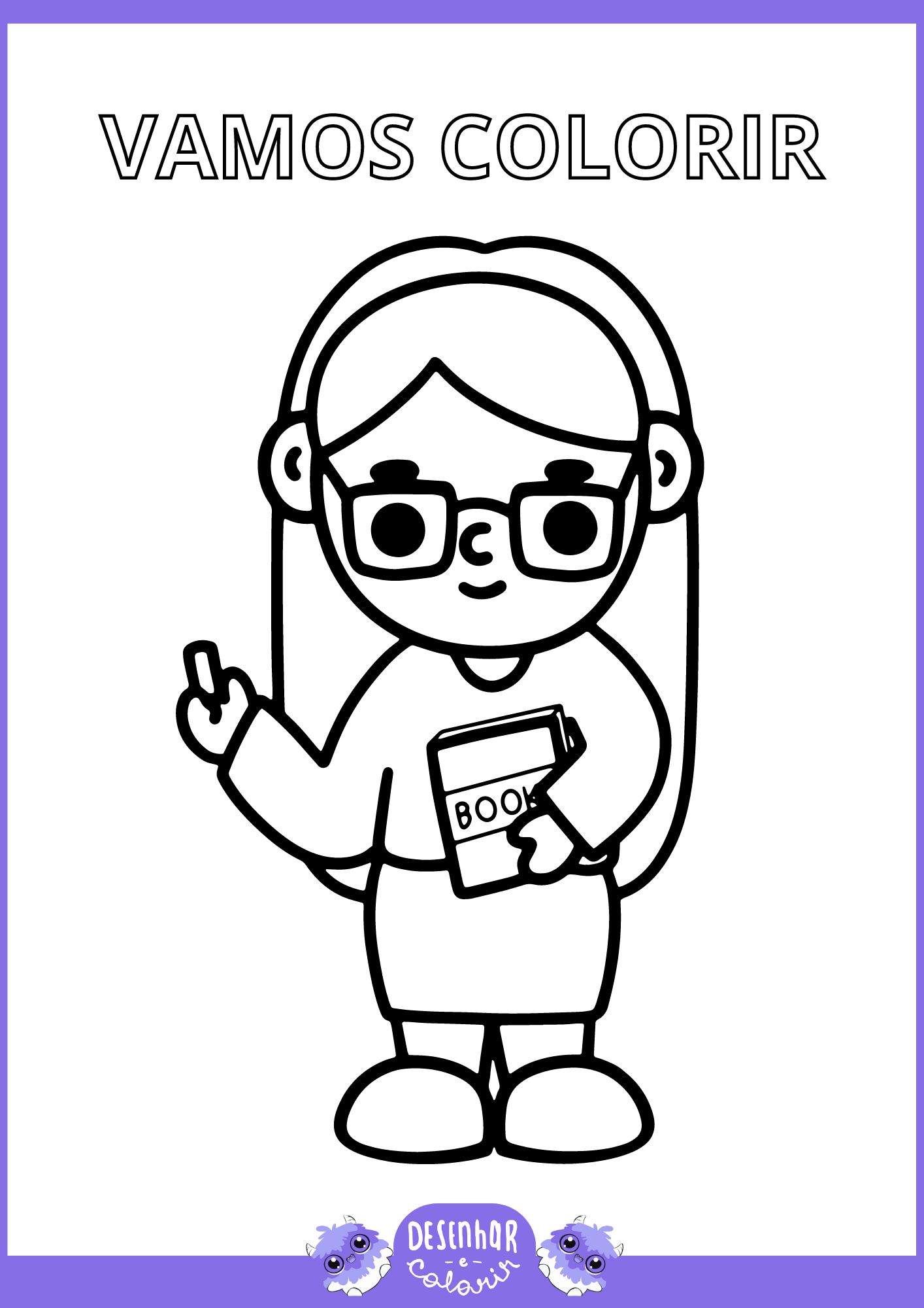 Desenho para colorir de um professor com alunos no quadro negro