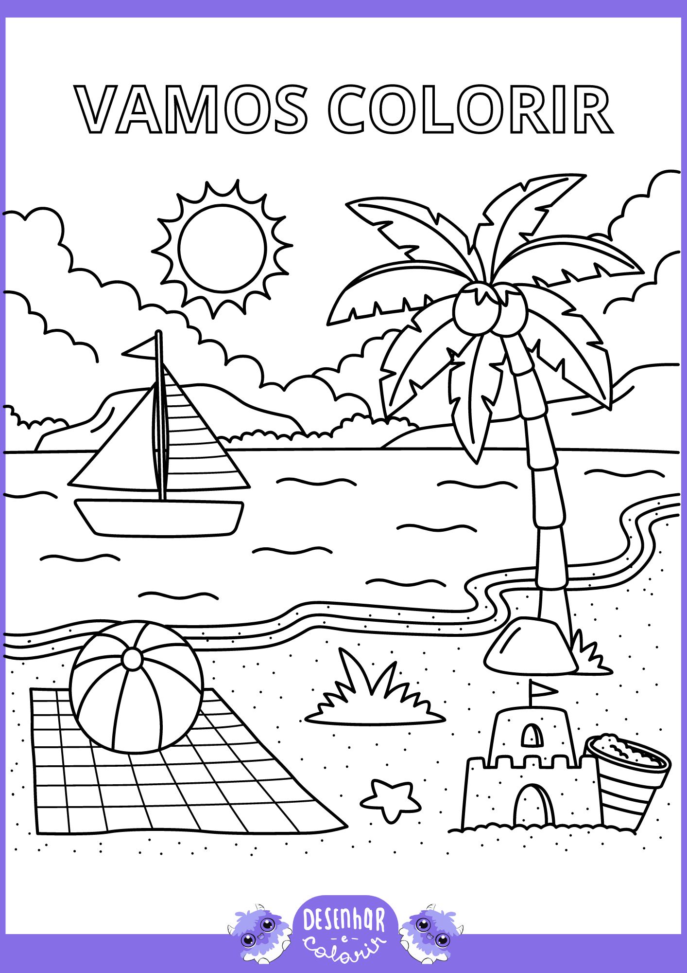 Desenho de praia com palmeiras, sol, mar e crianças brincando para colorir