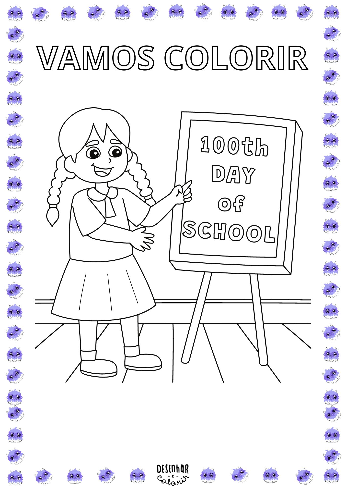 Desenho para colorir Dia do Estudante com estudantes e materiais escolares.