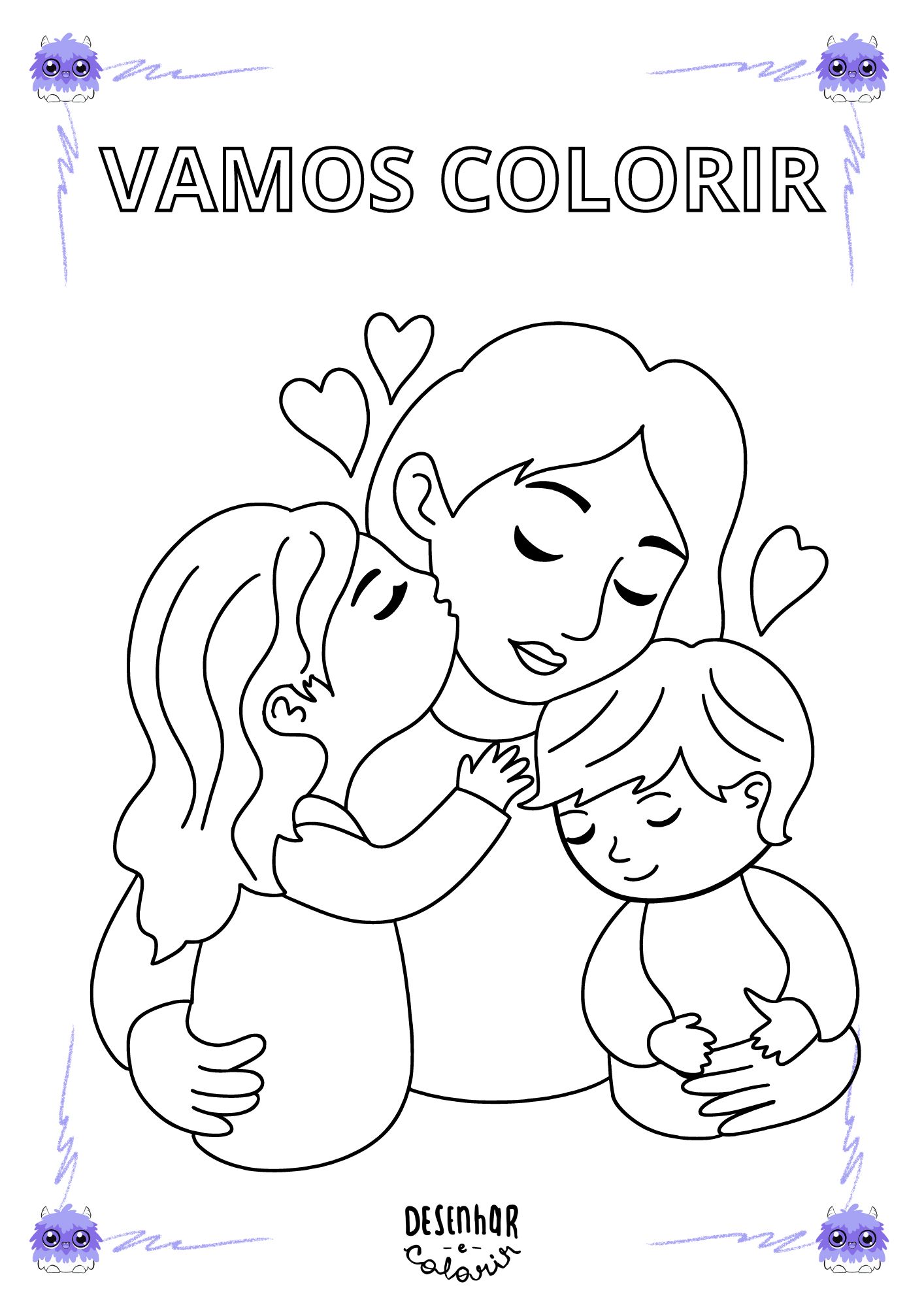 Desenho para colorir de Dia das Mães com flores e corações