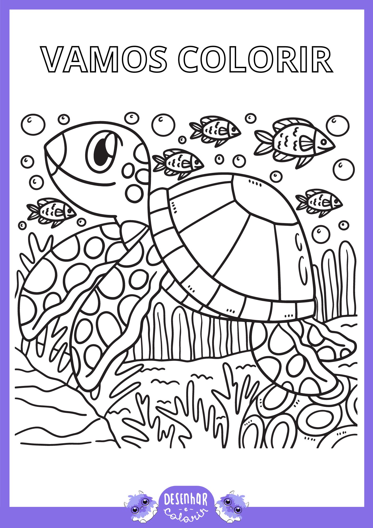 Criança colorindo um desenho de natureza com árvores, flores e animais