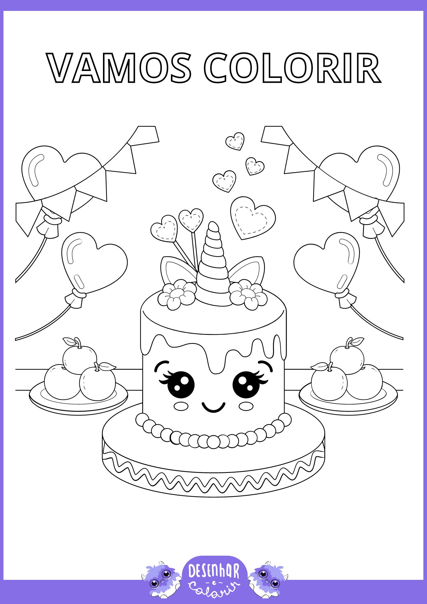 Desenho de festa de aniversário para colorir com balões, bolo e presentes.