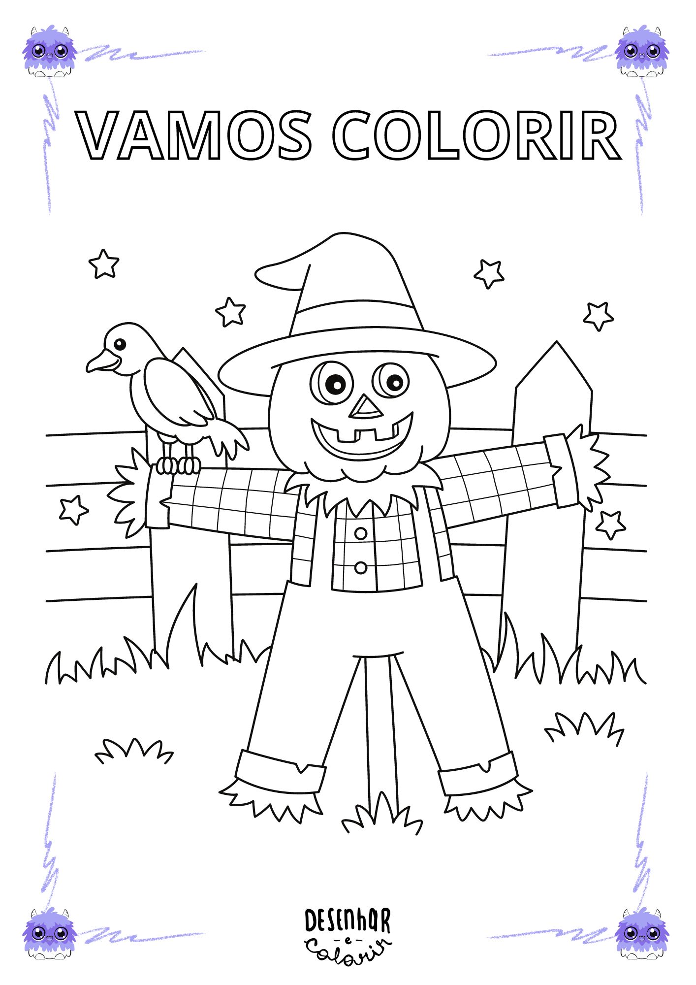 Desenho de um espantalho alegre para colorir.