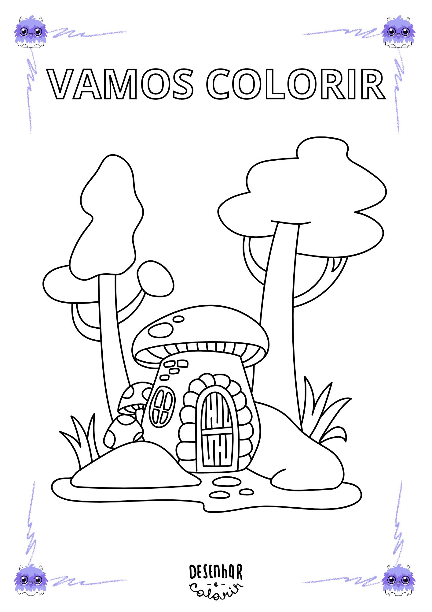 Desenho de floresta encantada com árvores e animais para colorir.