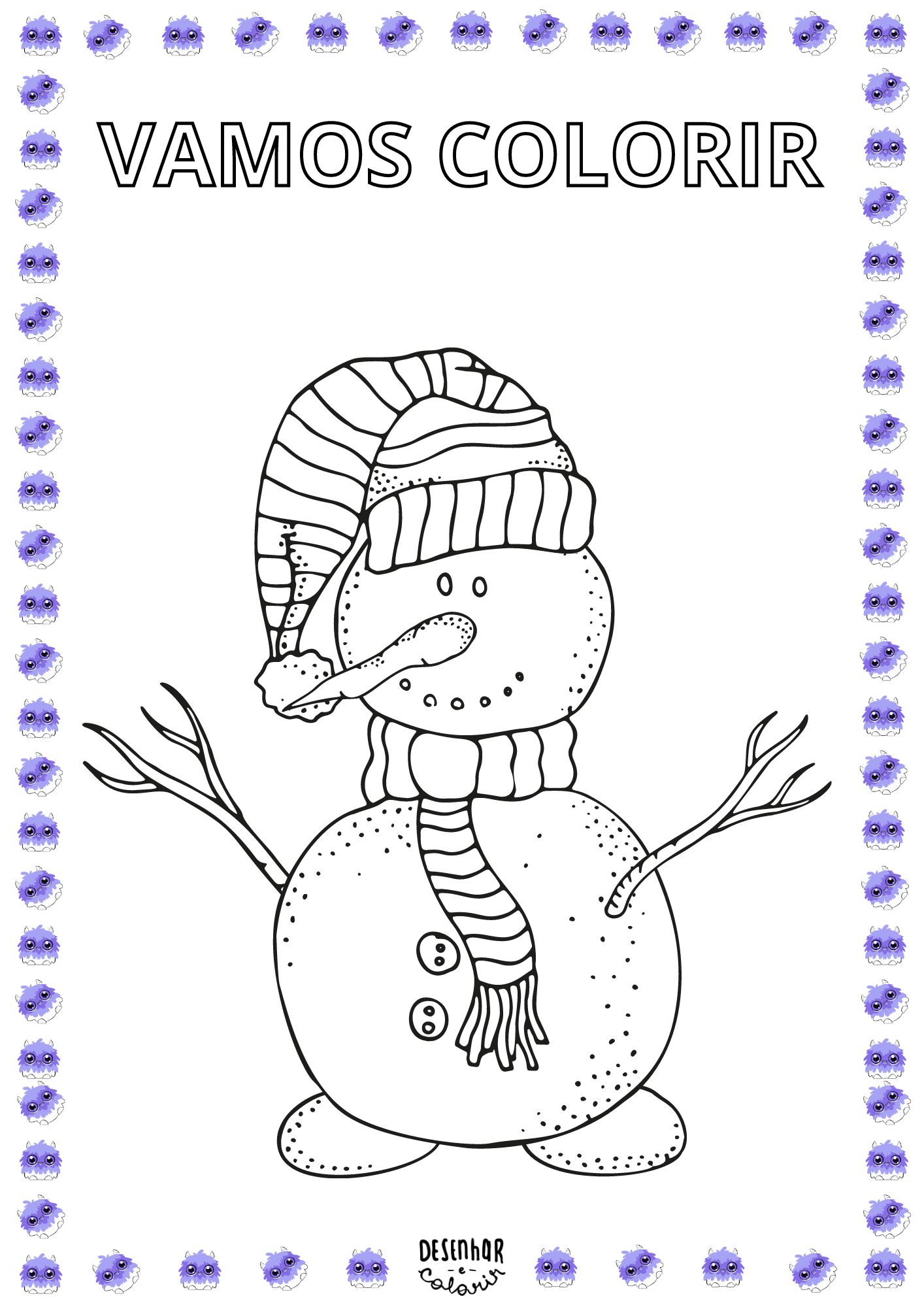Desenho de inverno para colorir com crianças, neve, árvore e boneco de neve.