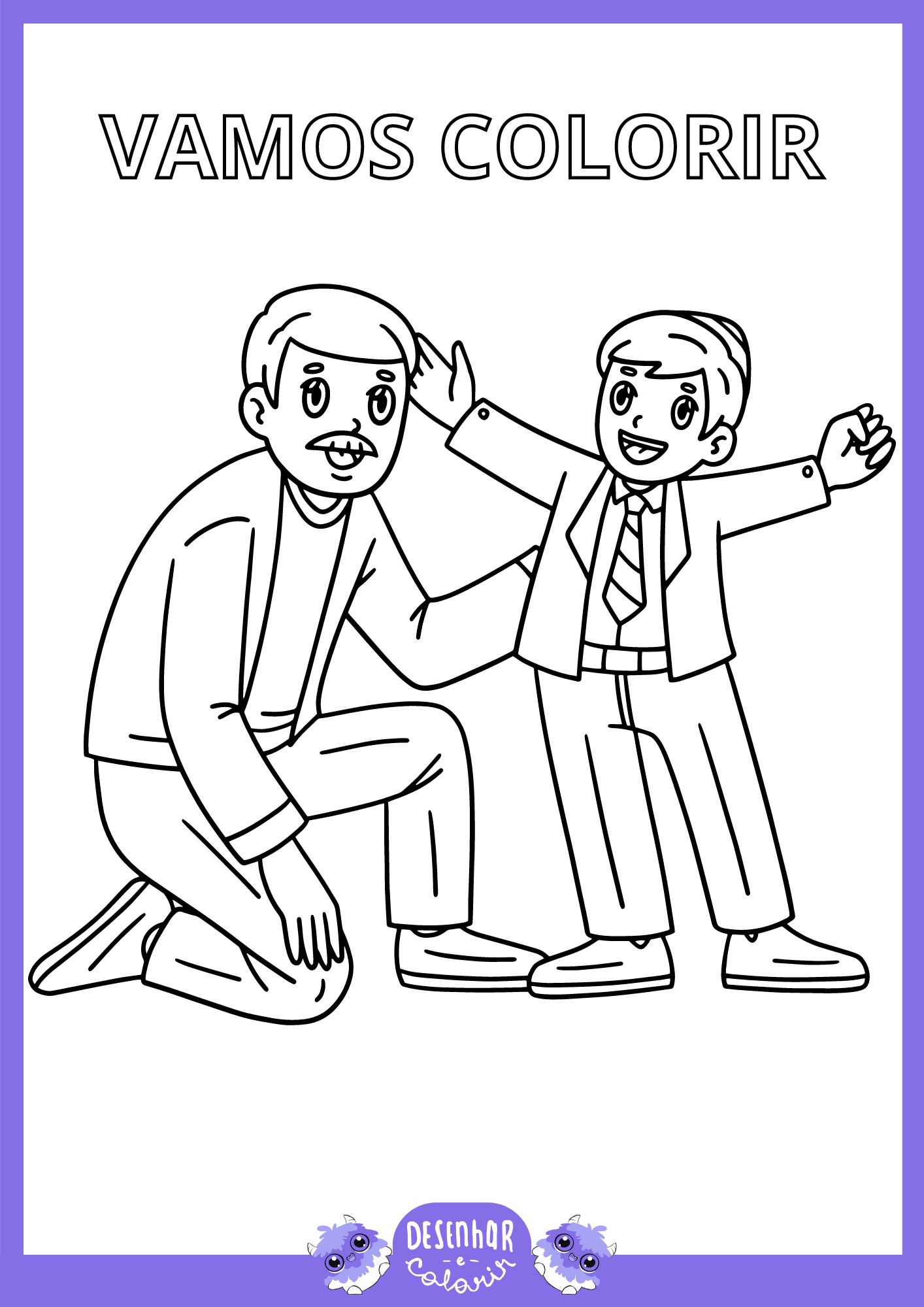 Desenho de pai e filho caminhando no parque para colorir