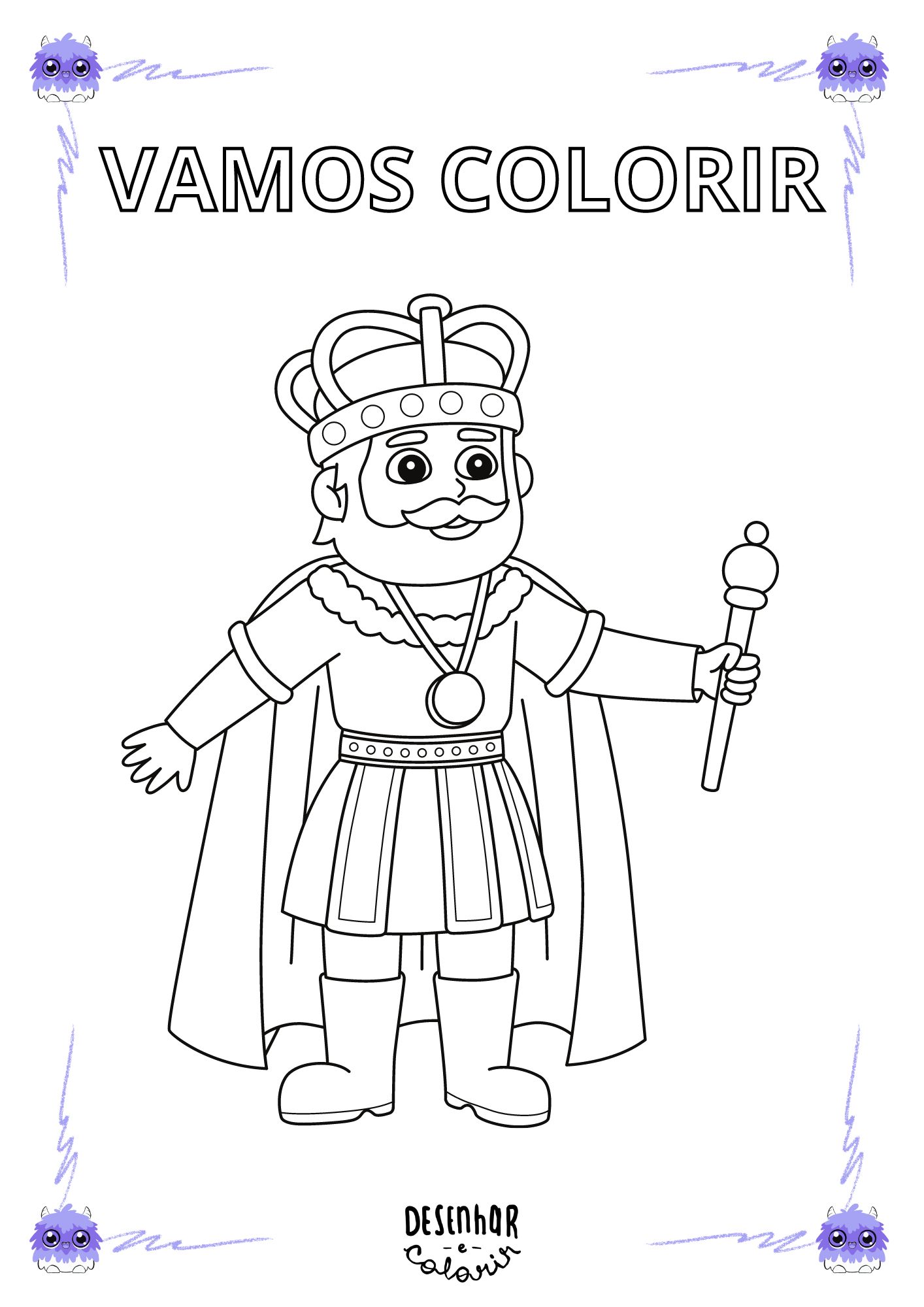 Desenho de um rei para colorir, com coroa e cetro.