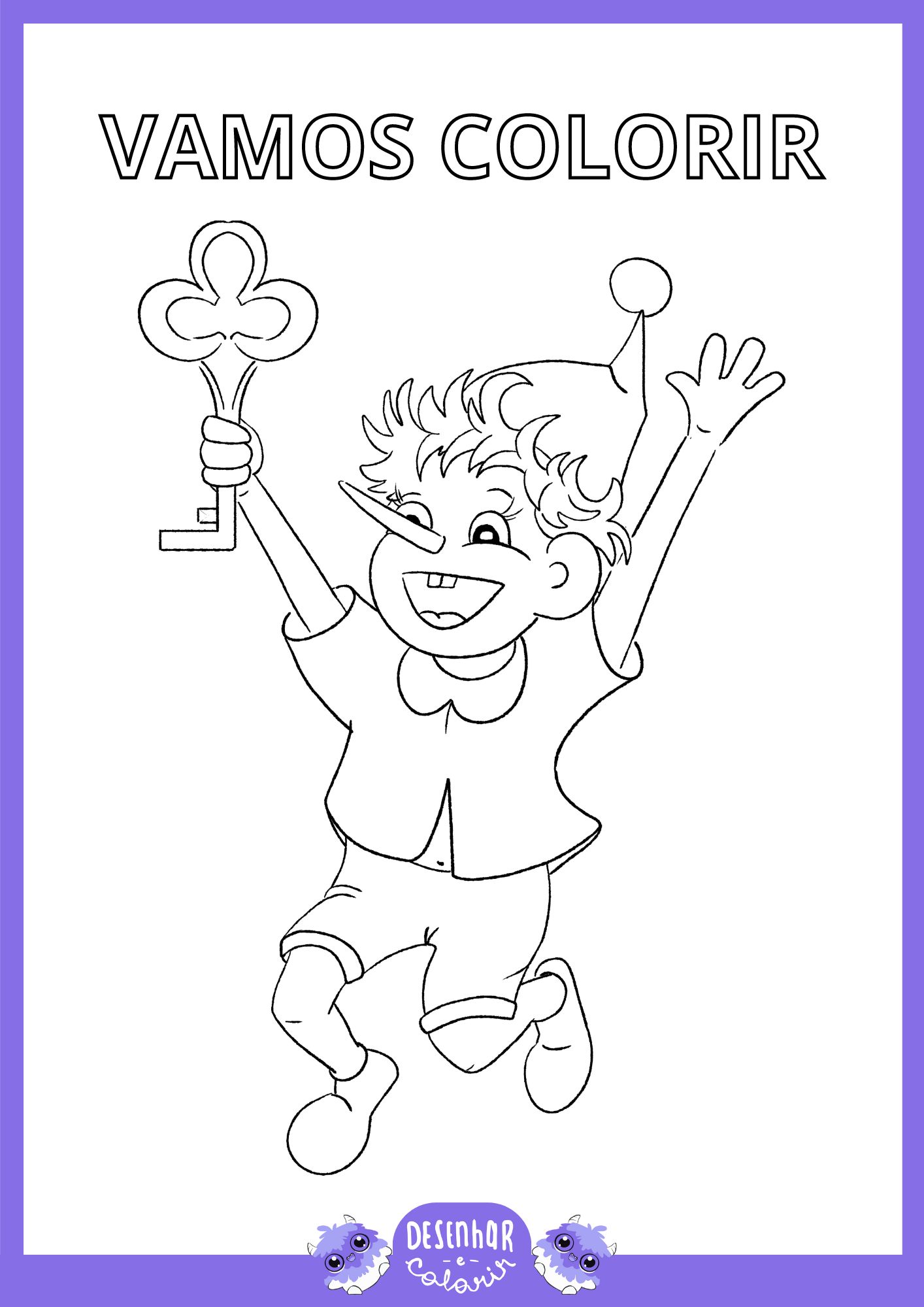 Desenho do Pinóquio para colorir com o menino de madeira sorridente e com braços abertos.