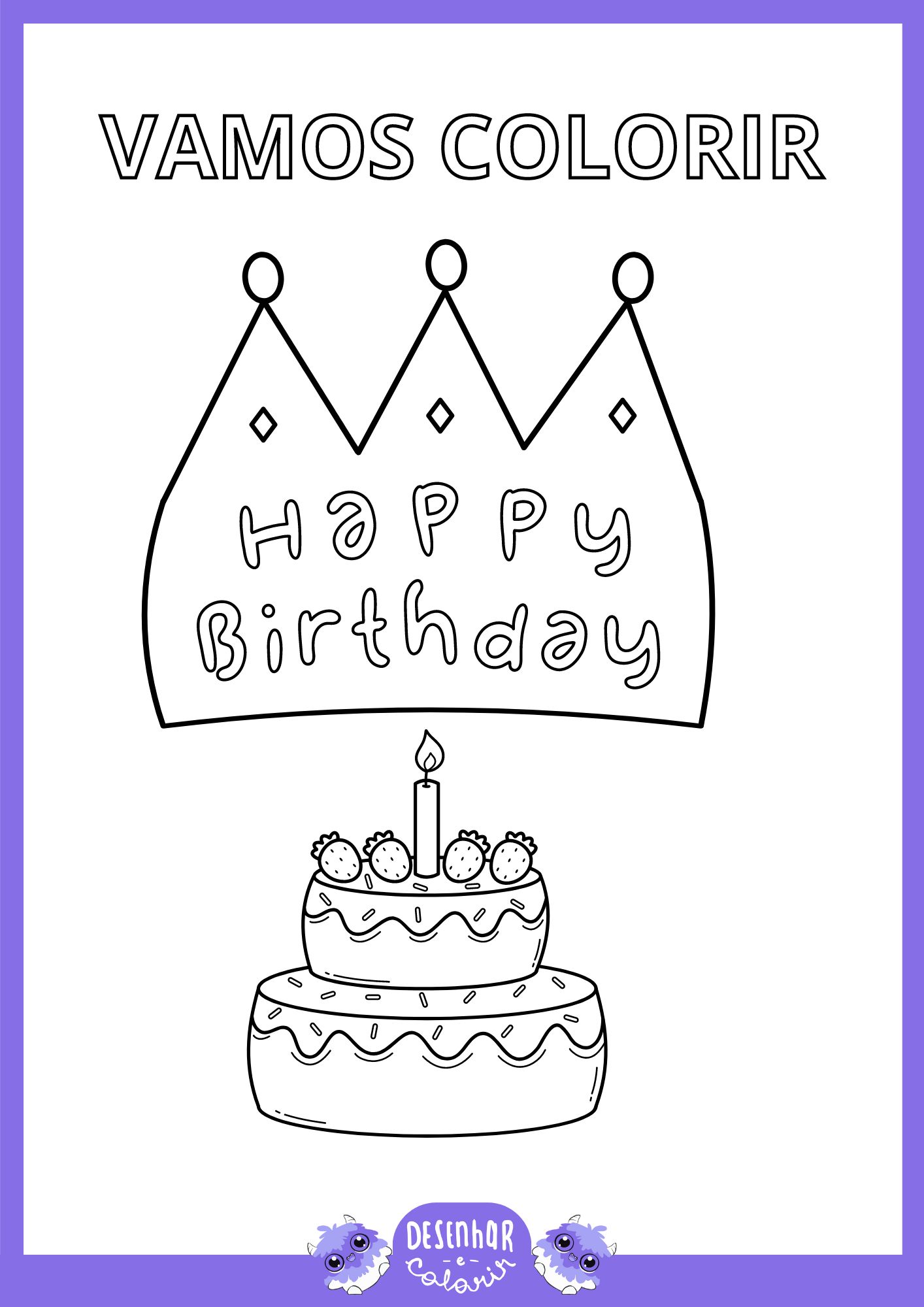 Desenho de aniversário com bolo, balões e presentes para colorir