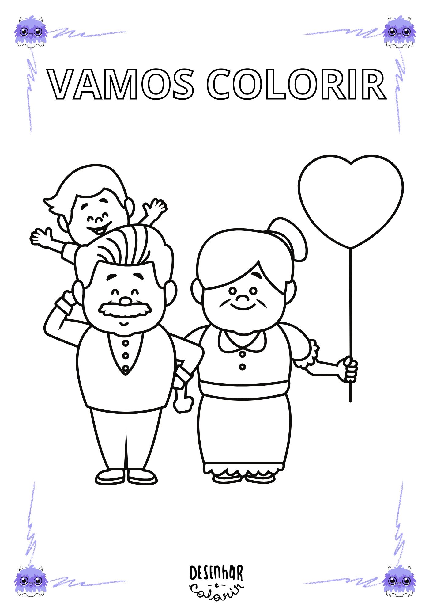 Imagem de um desenho de avós para colorir, avó e avô sorrindo e segurando mãos.