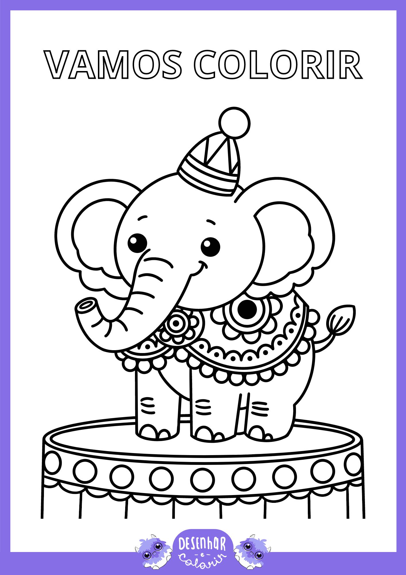 Desenho de circo com palhaços e elefantes para colorir