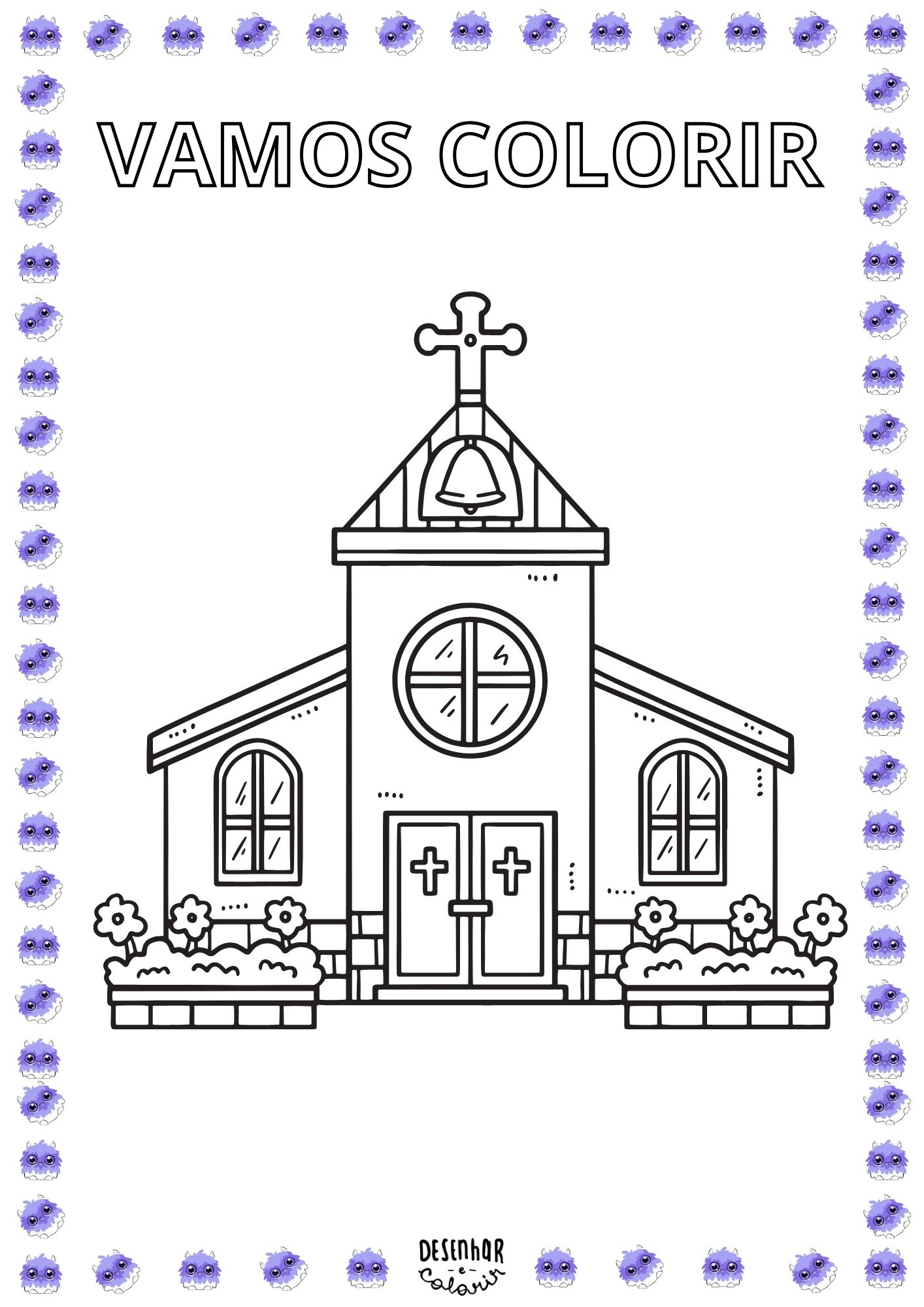 Desenho de igreja para colorir por crianças, disponível no site Desenhar e Colorir.