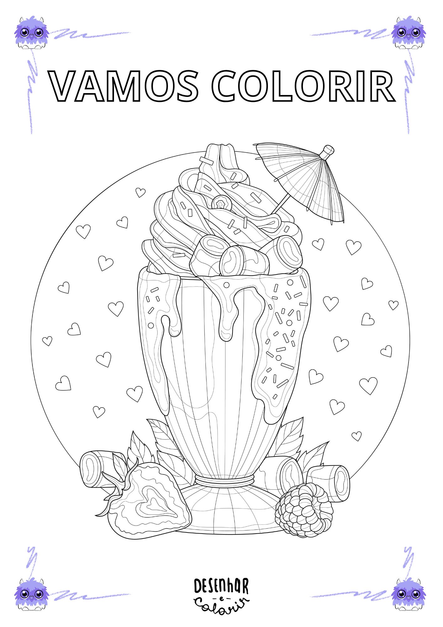 Desenho de açaí para colorir com tigelas e frutas.