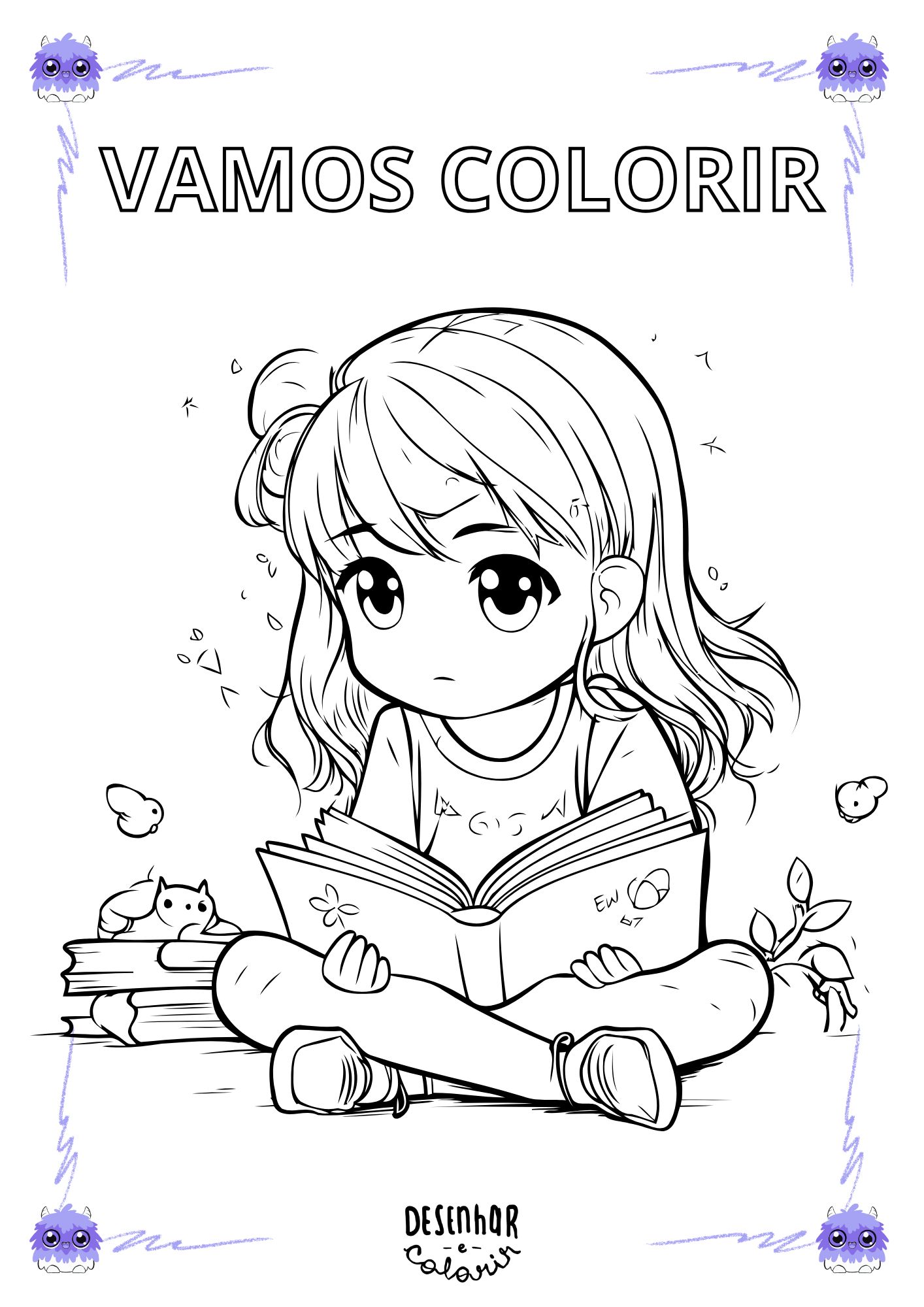Desenho de uma criança lendo um livro com expressão encantada.