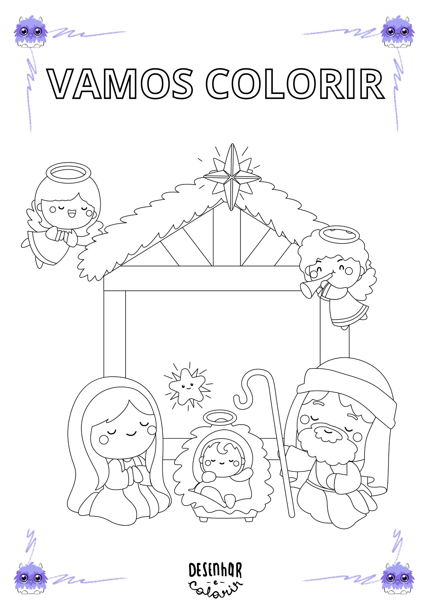Desenho de presépio para colorir com Maria, José, o Menino Jesus, Reis Magos e animais.