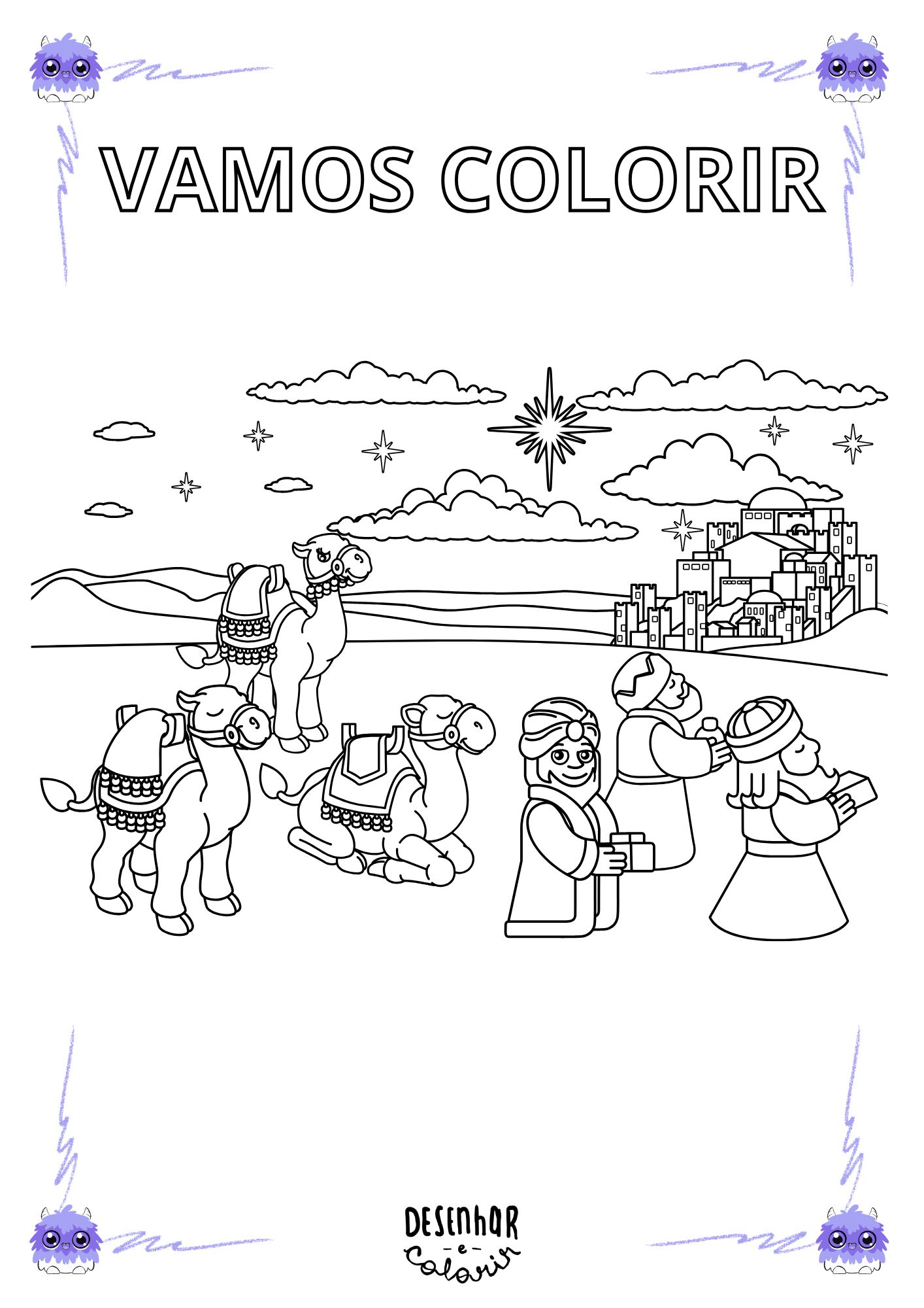 Desenho para colorir do nascimento de Jesus com presépio.