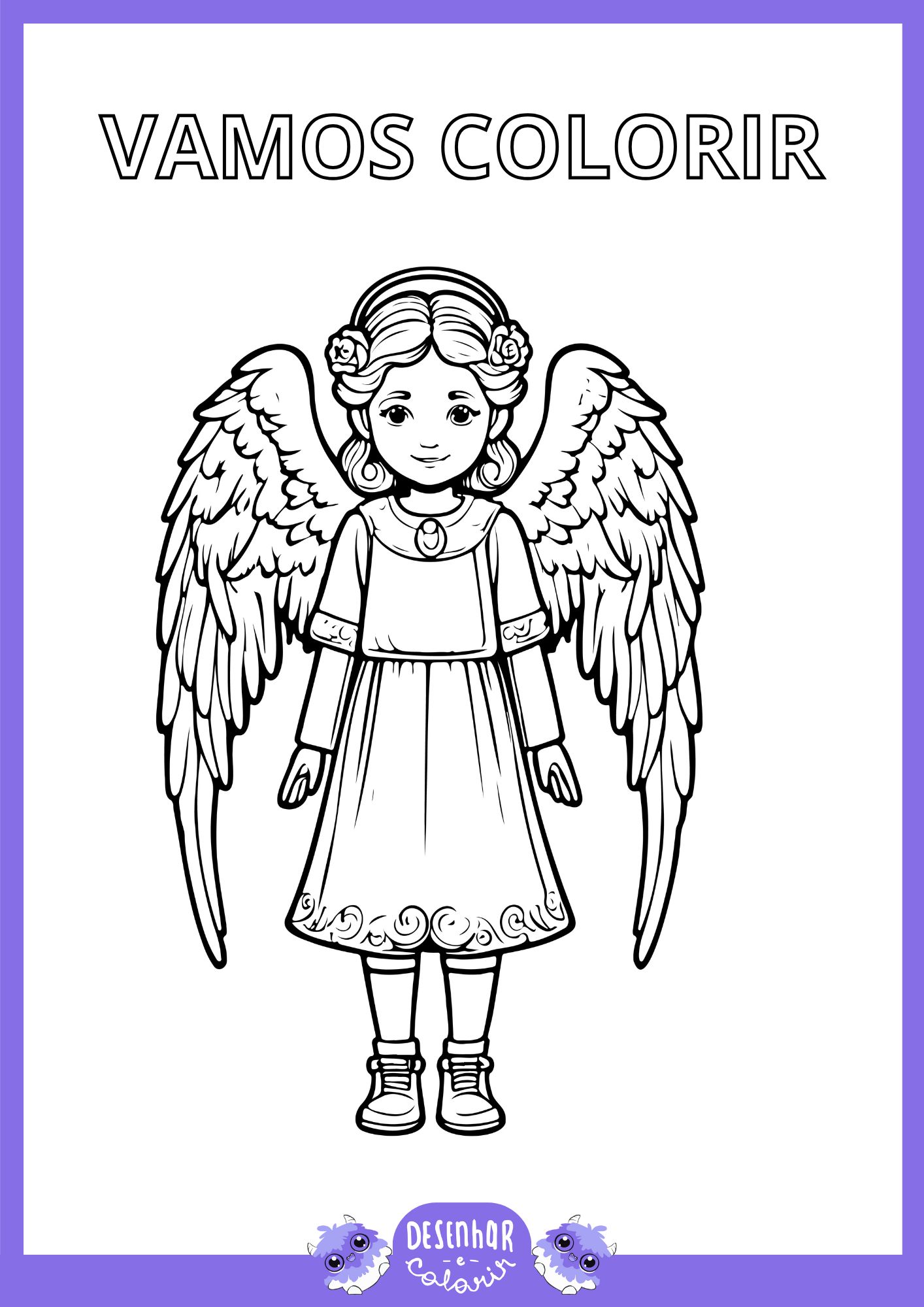 Desenho de um anjo da guarda sorridente com asas abertas para colorir