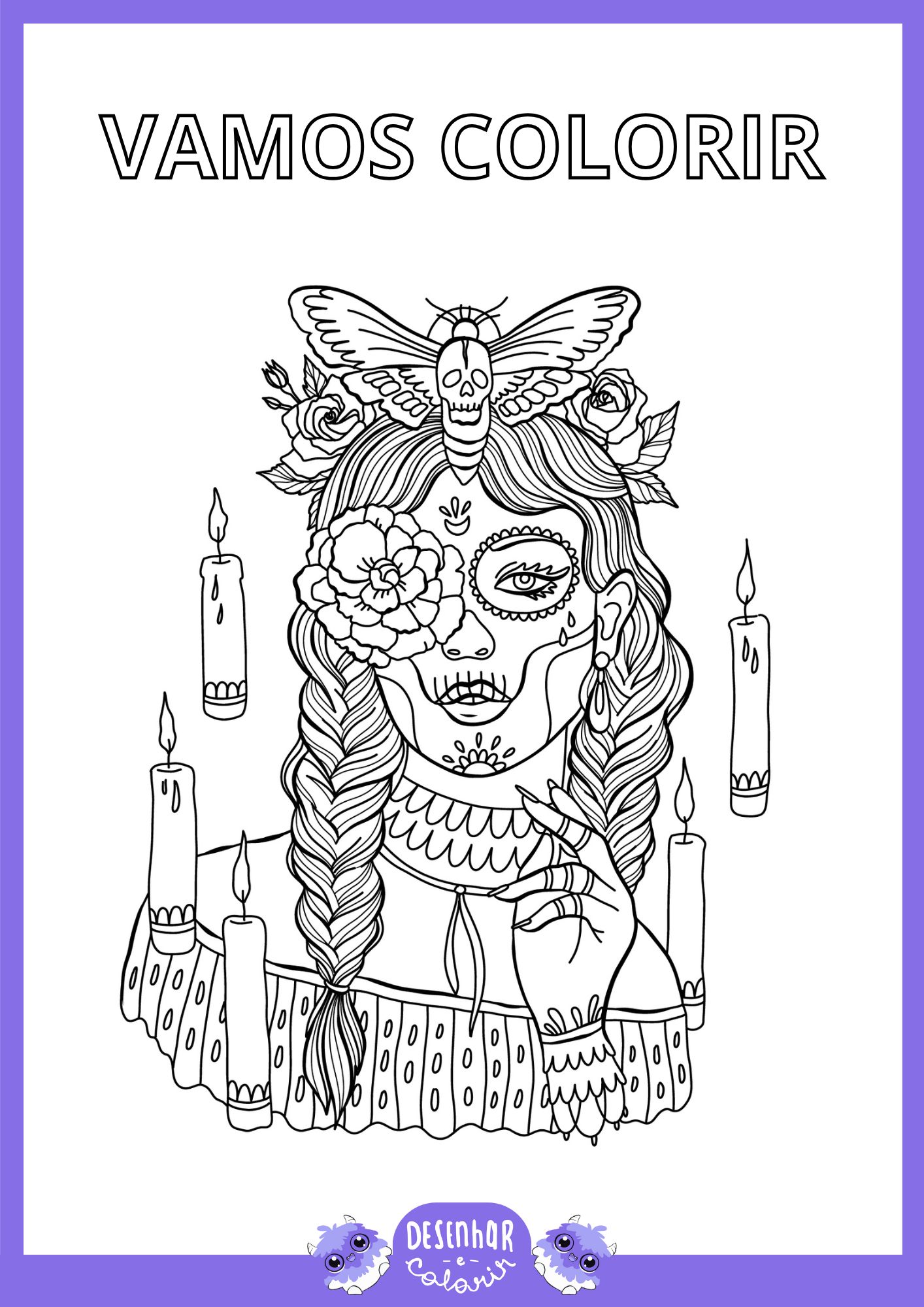 Desenho de caveira mexicana com detalhes para colorir