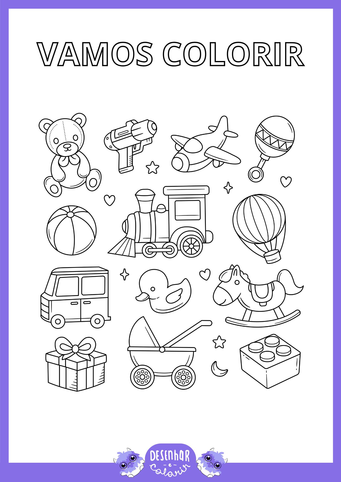 Imagem de vários brinquedos esperando para serem coloridos