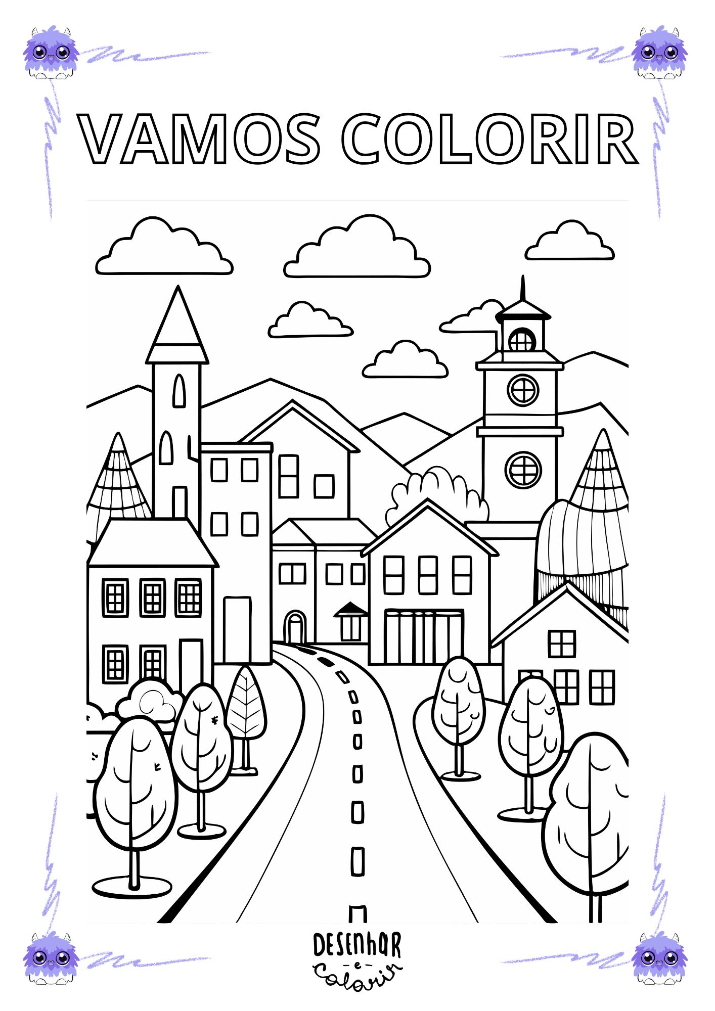 Desenho de cidade pequena para colorir, perfeitos para crianças e amantes da arte!