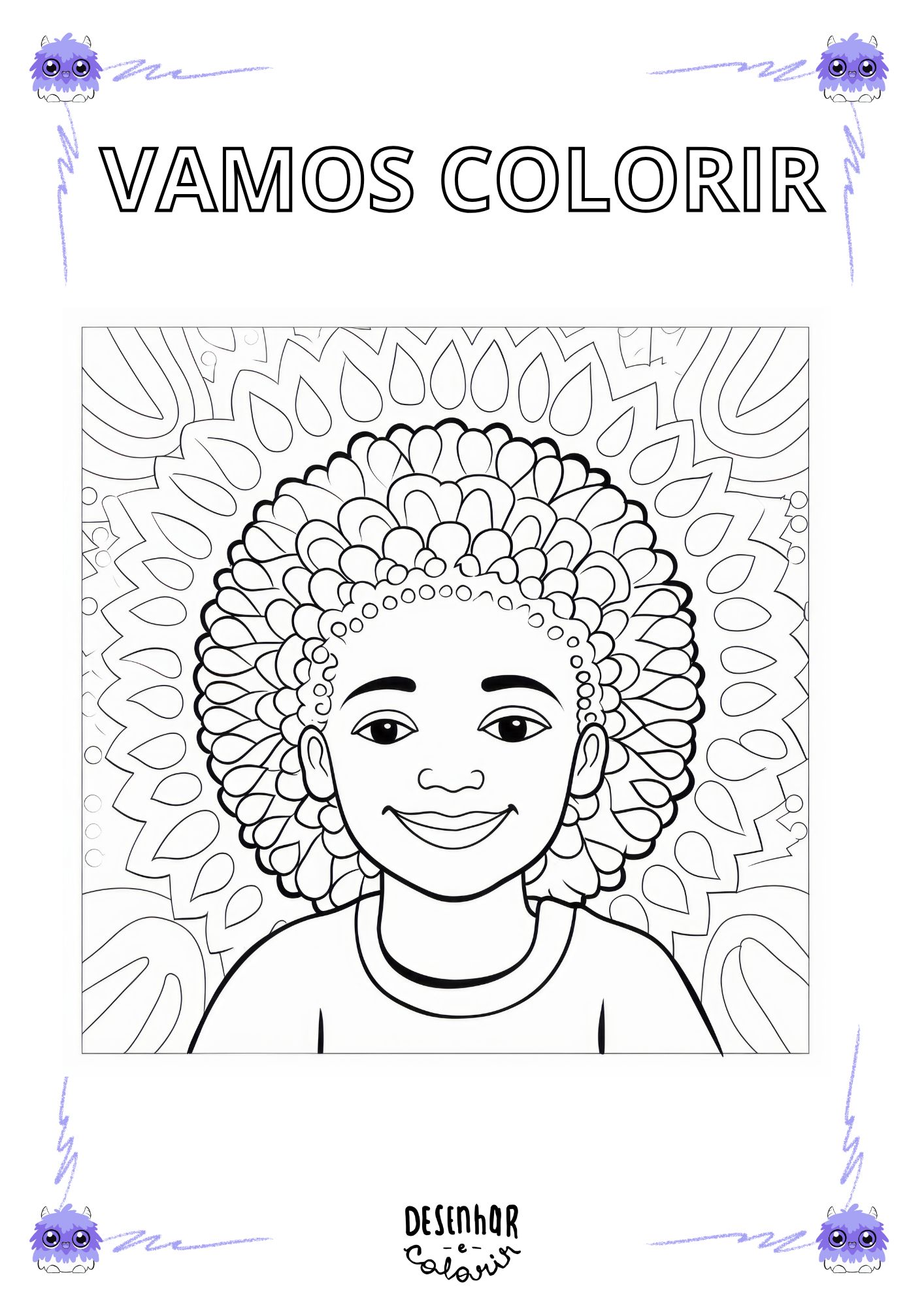 Desenho de meninas negras sorrindo para colorir