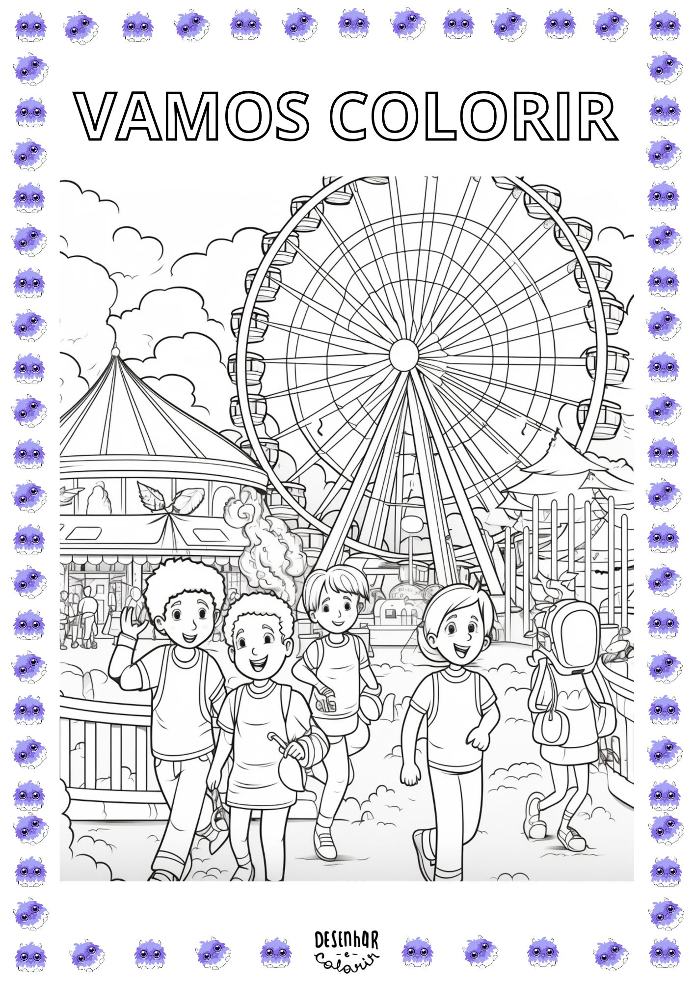 Desenho para colorir de um parque de diversões mágico com roda-gigante e carrossel