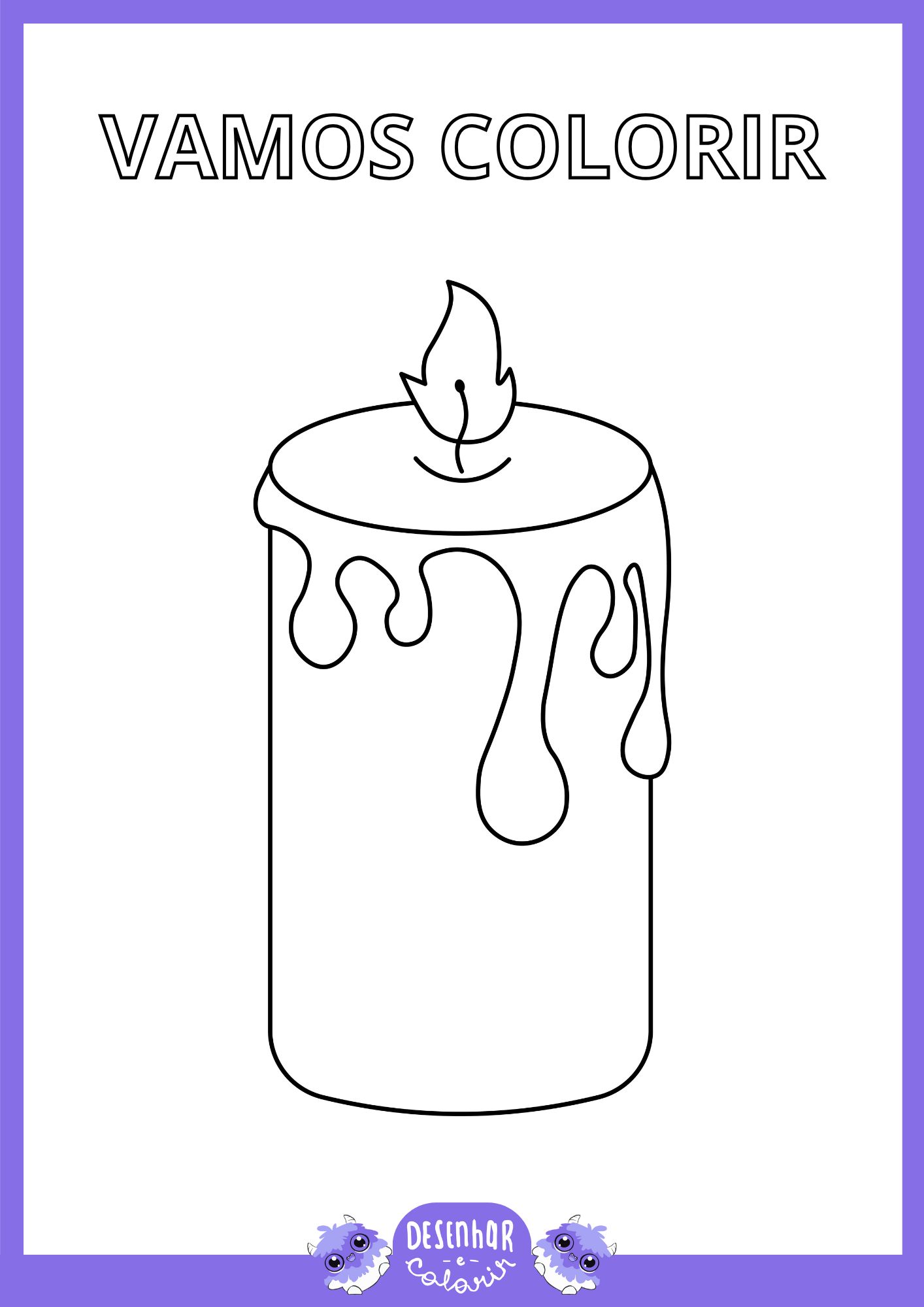 Desenho preto e branco de uma vela acesa para colorir