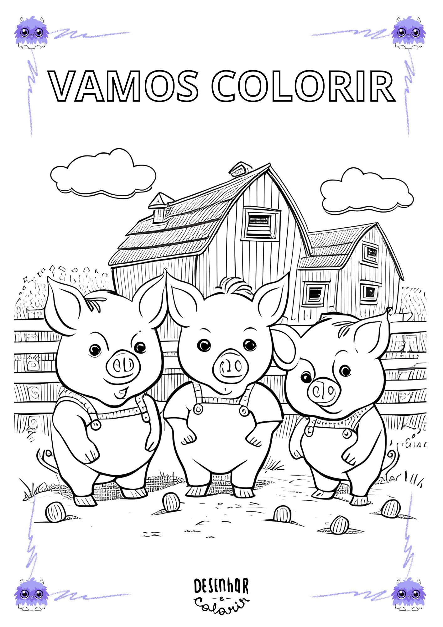 Desenho para colorir dos Três Porquinhos enfrentando o Lobo Mau