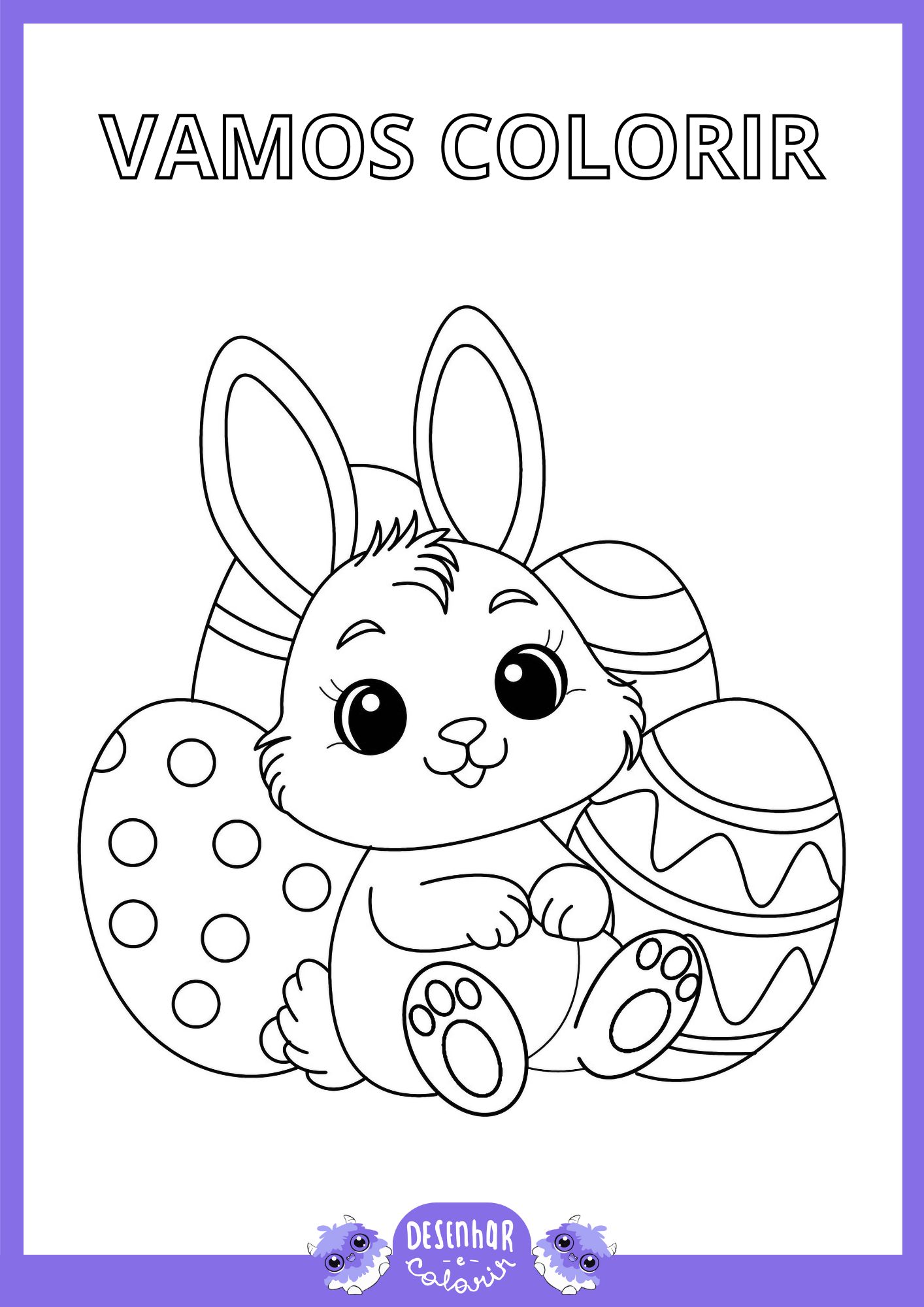 Crianças colorindo desenhos de Páscoa com coelhinhos e ovos