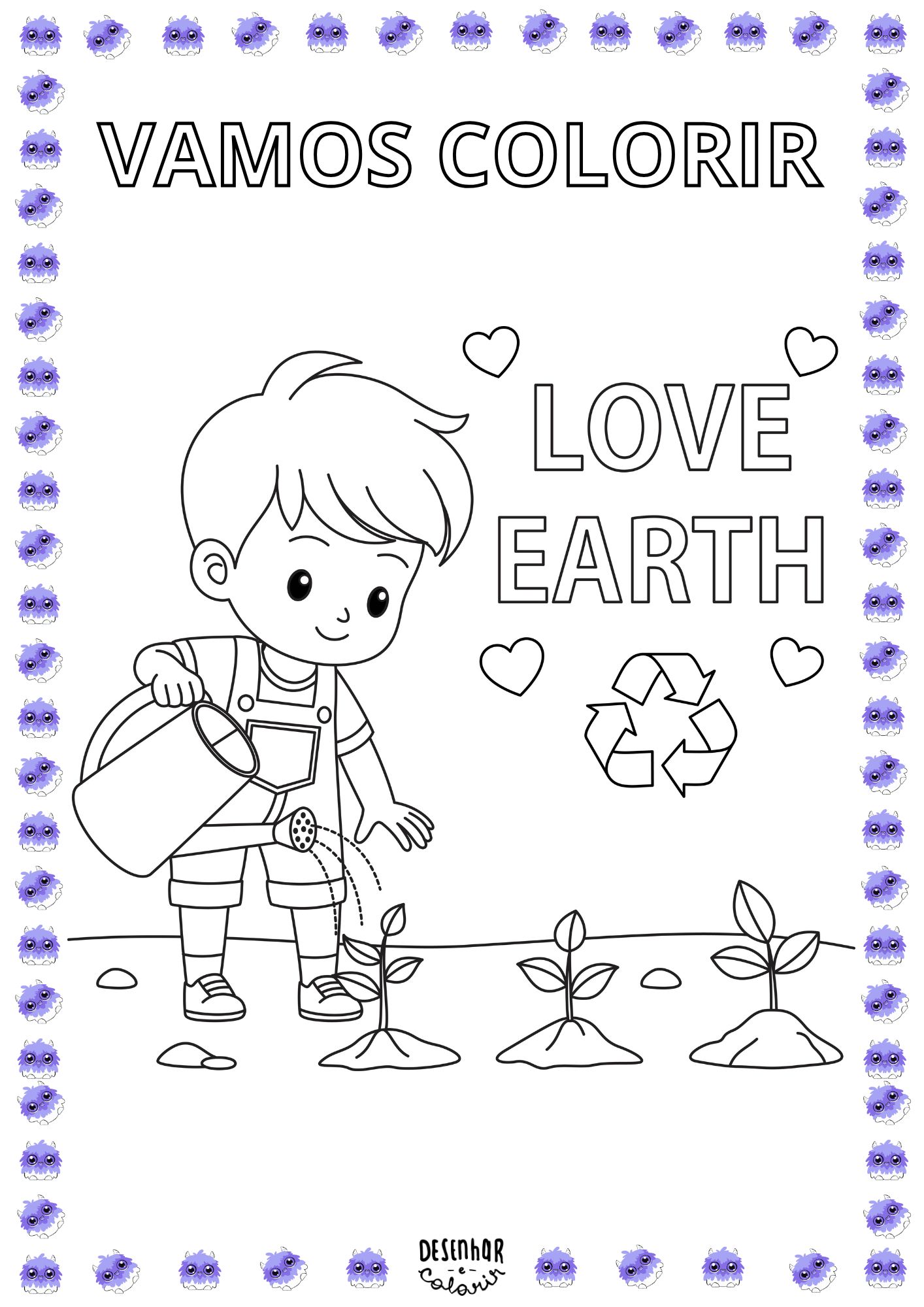 Desenho de um menino regando plantas para colorir