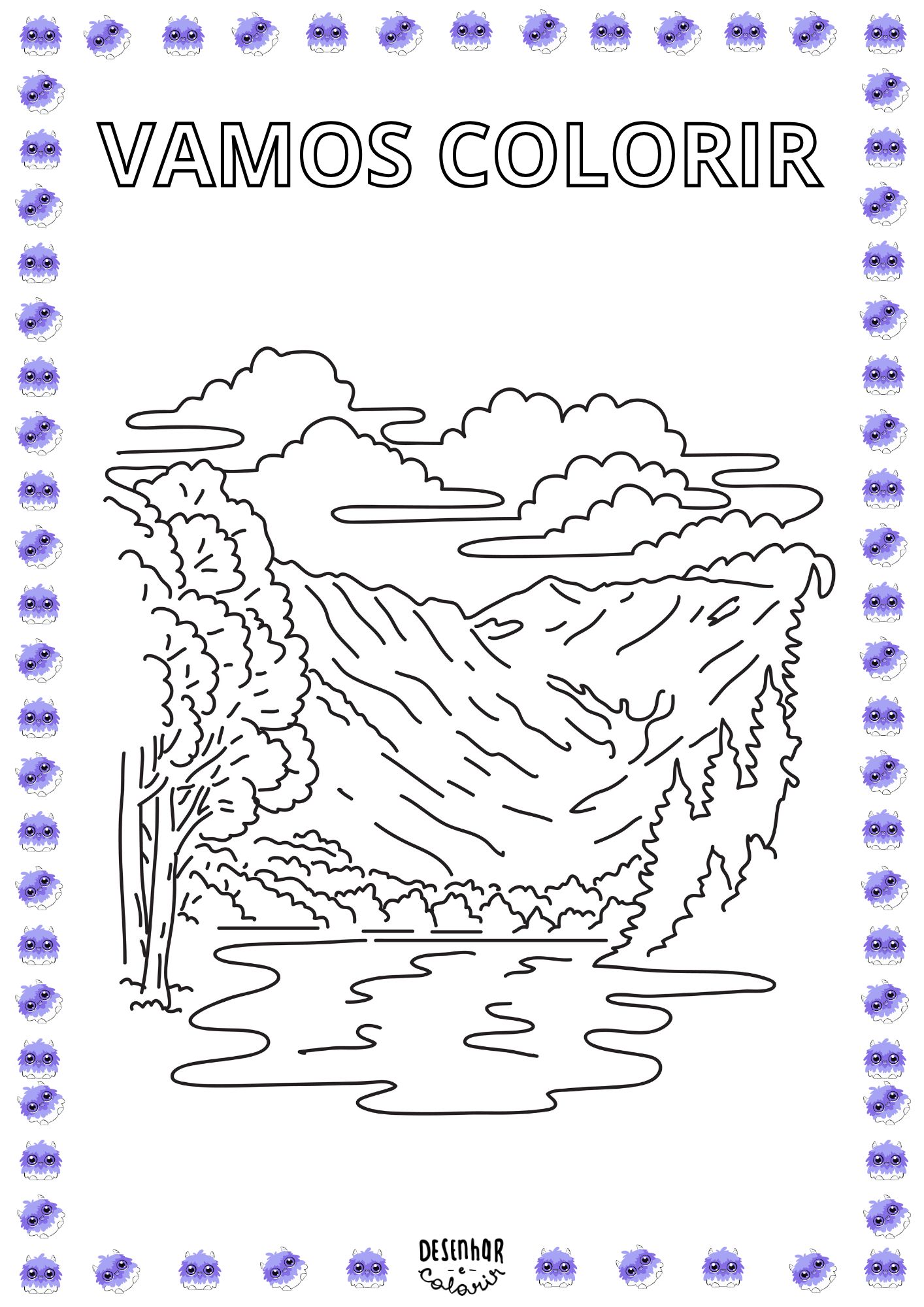 Desenho de lagoa com patinhos e flores para colorir