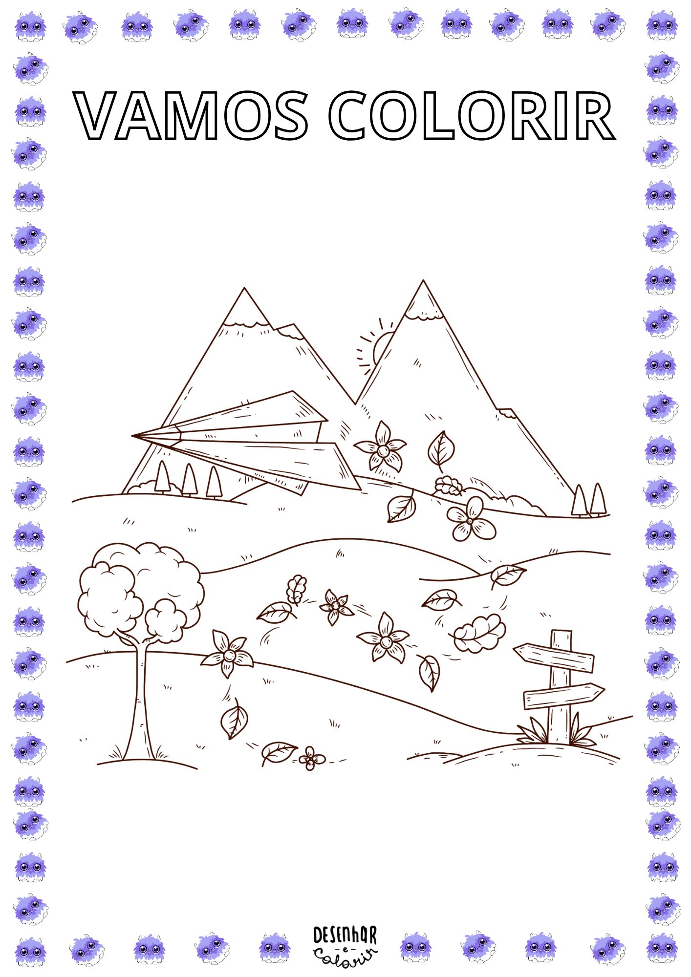 Desenho de montanhas e árvores para colorir