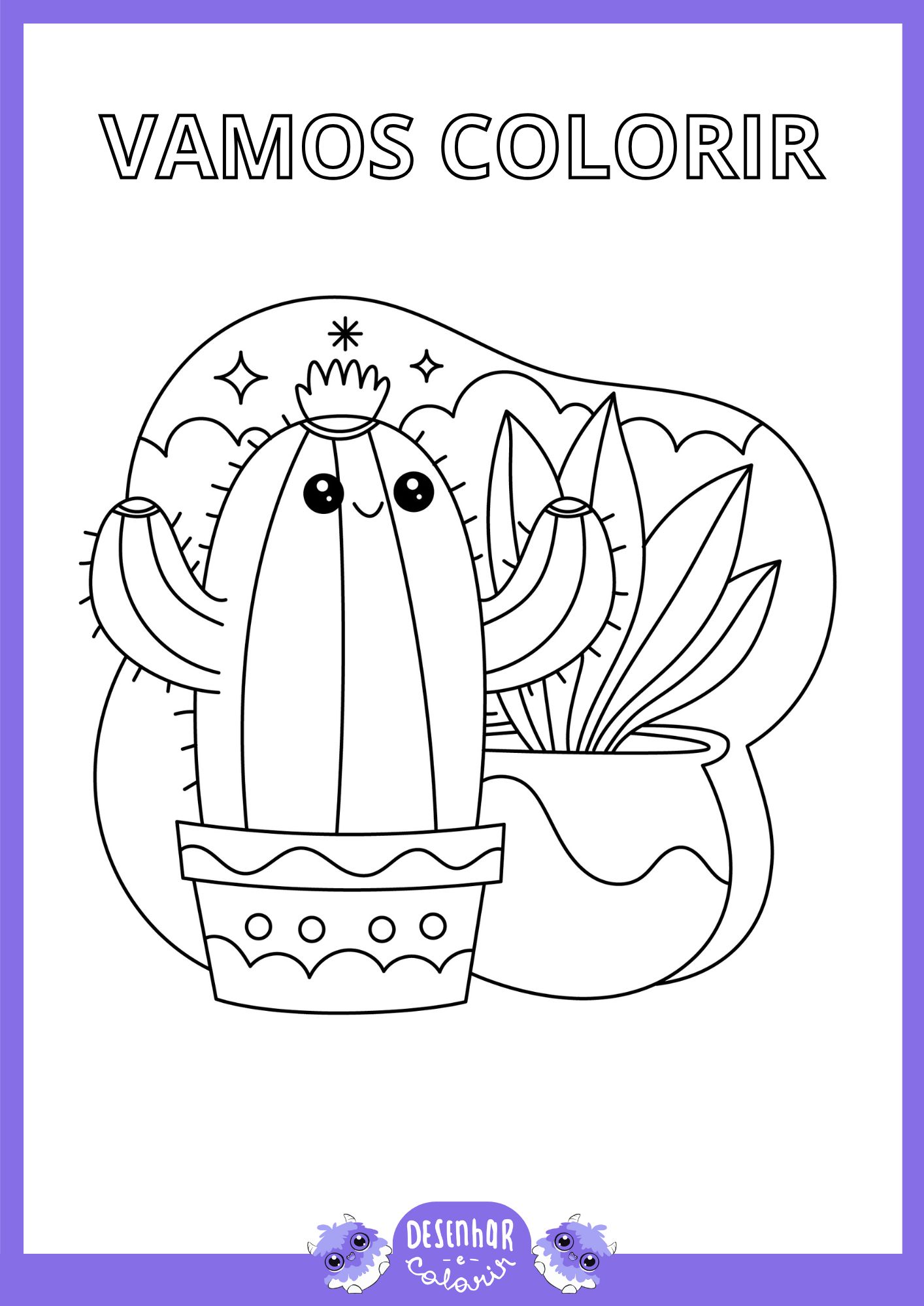 Desenho de um cacto para colorir, ideal para crianças.