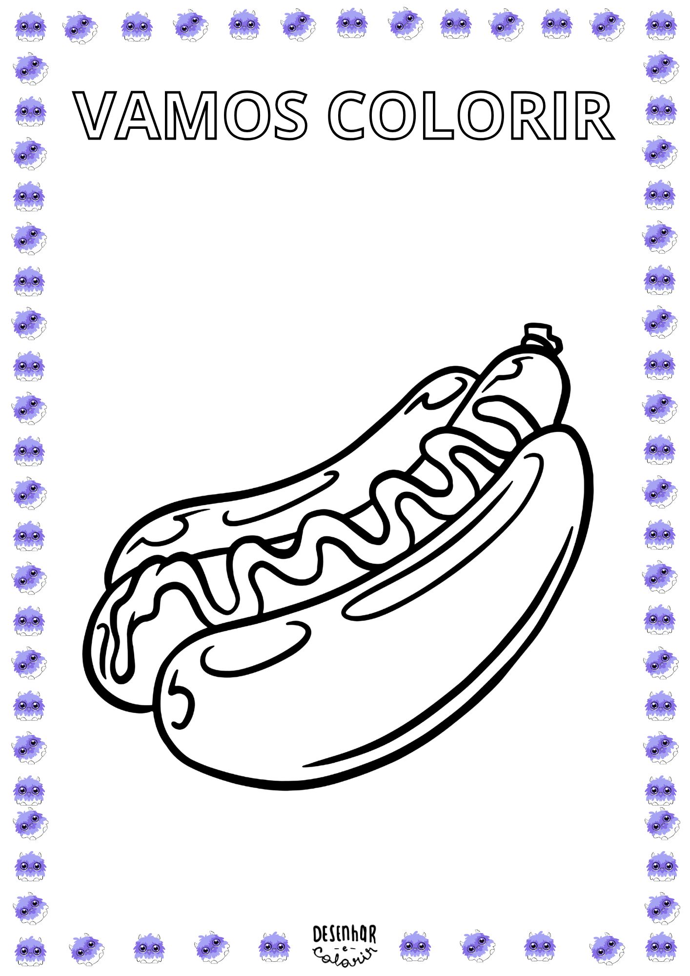 Desenho de cachorro-quente com salsicha e acompanhamentos para colorir