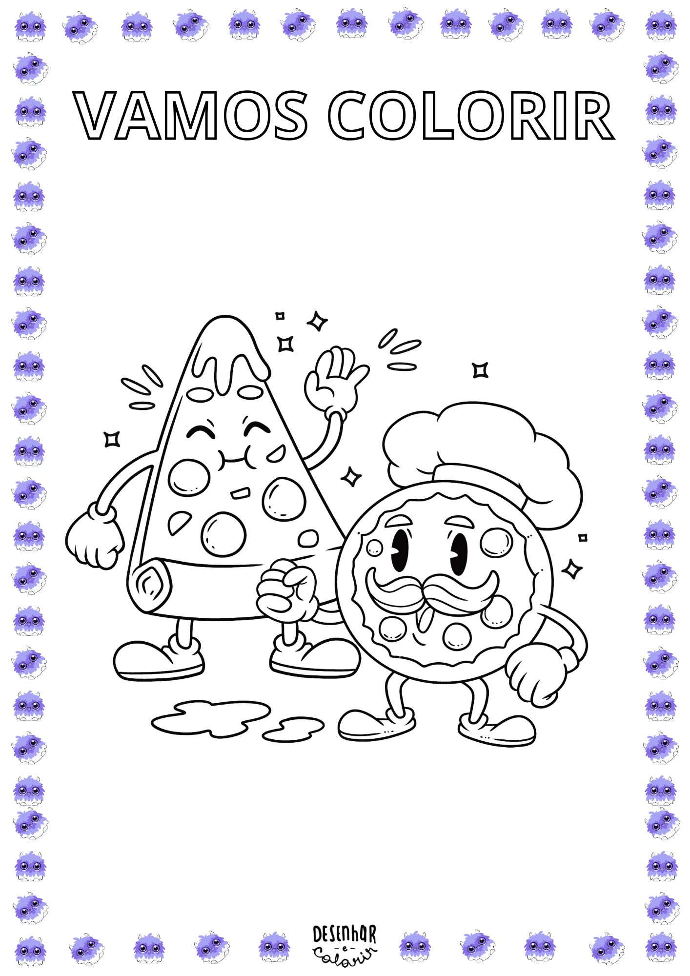 Desenho de pizza para colorir, com diversas fatias e ingredientes variados.