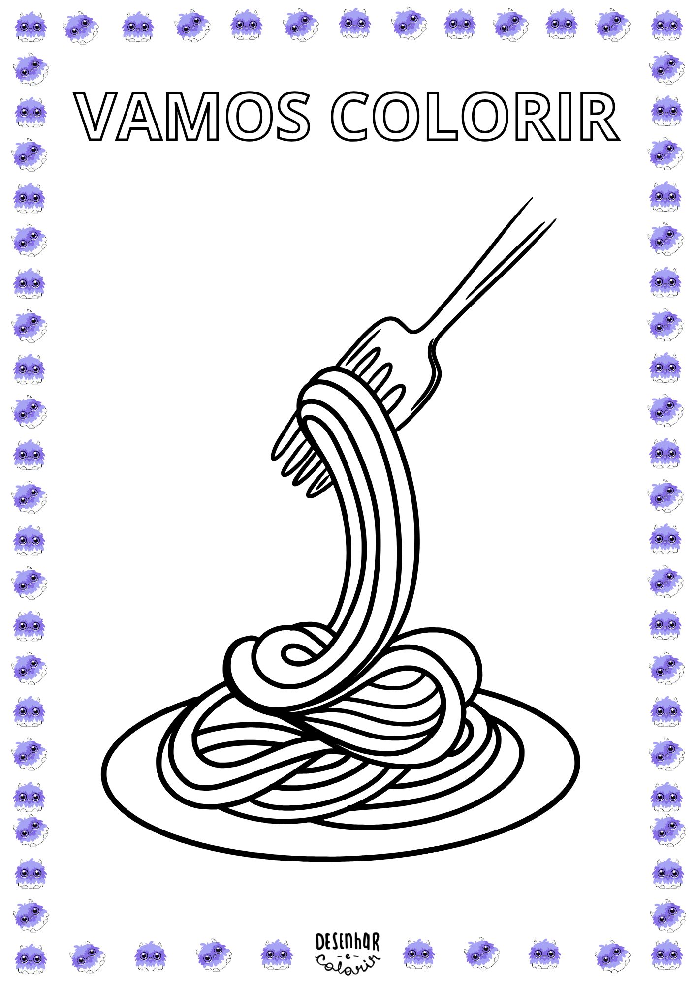 Desenho de um prato de macarrão para colorir, com diferentes tipos de massas e acompanhamentos.