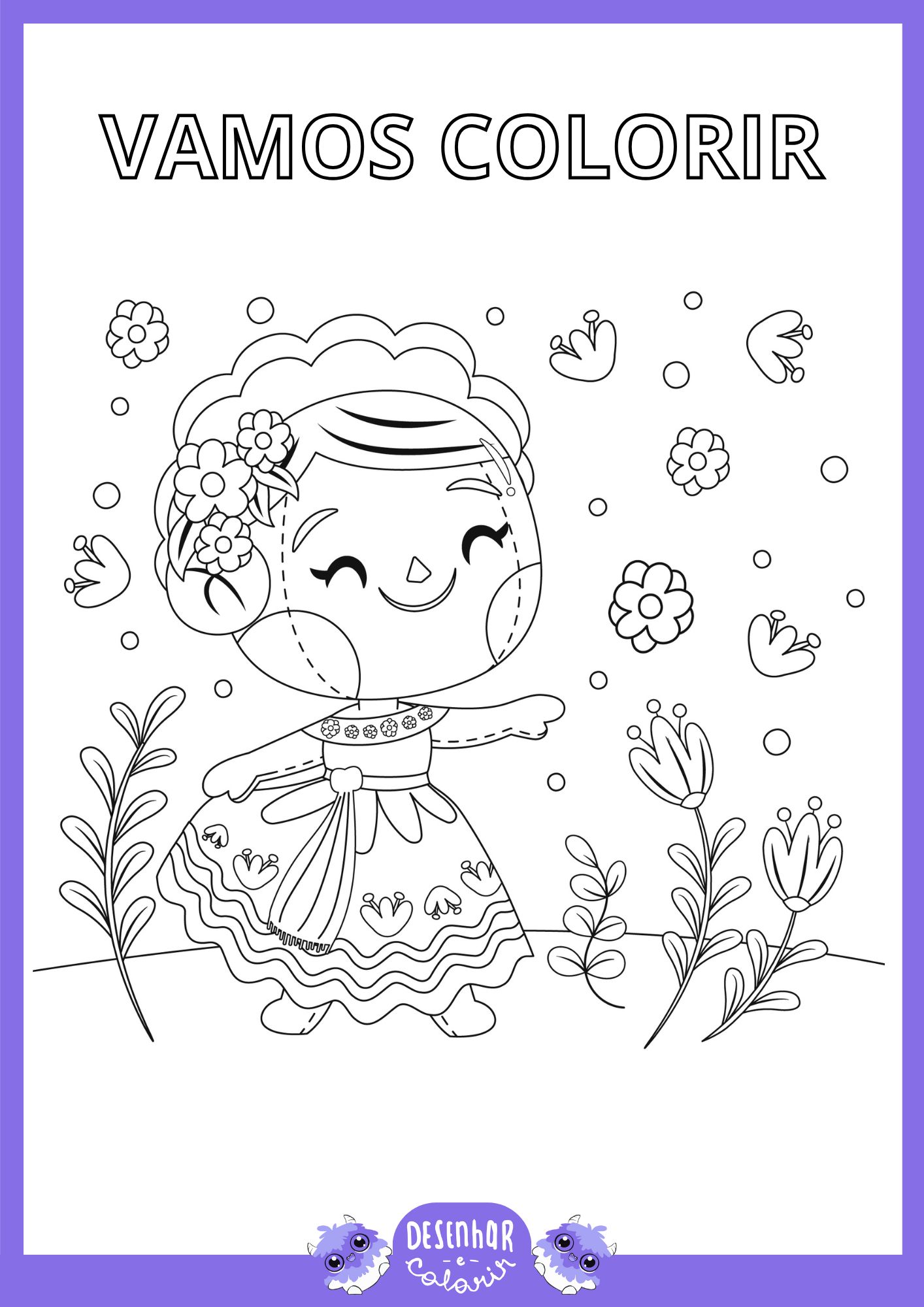 Desenho de uma menina negra sorrindo para colorir.