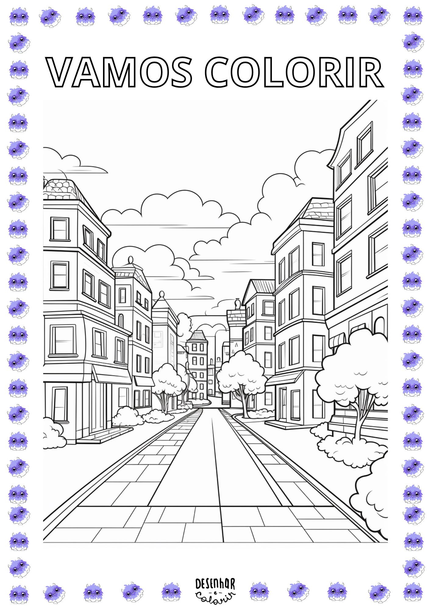 Desenho de uma cidade para colorir com prédios, ruas e árvores.