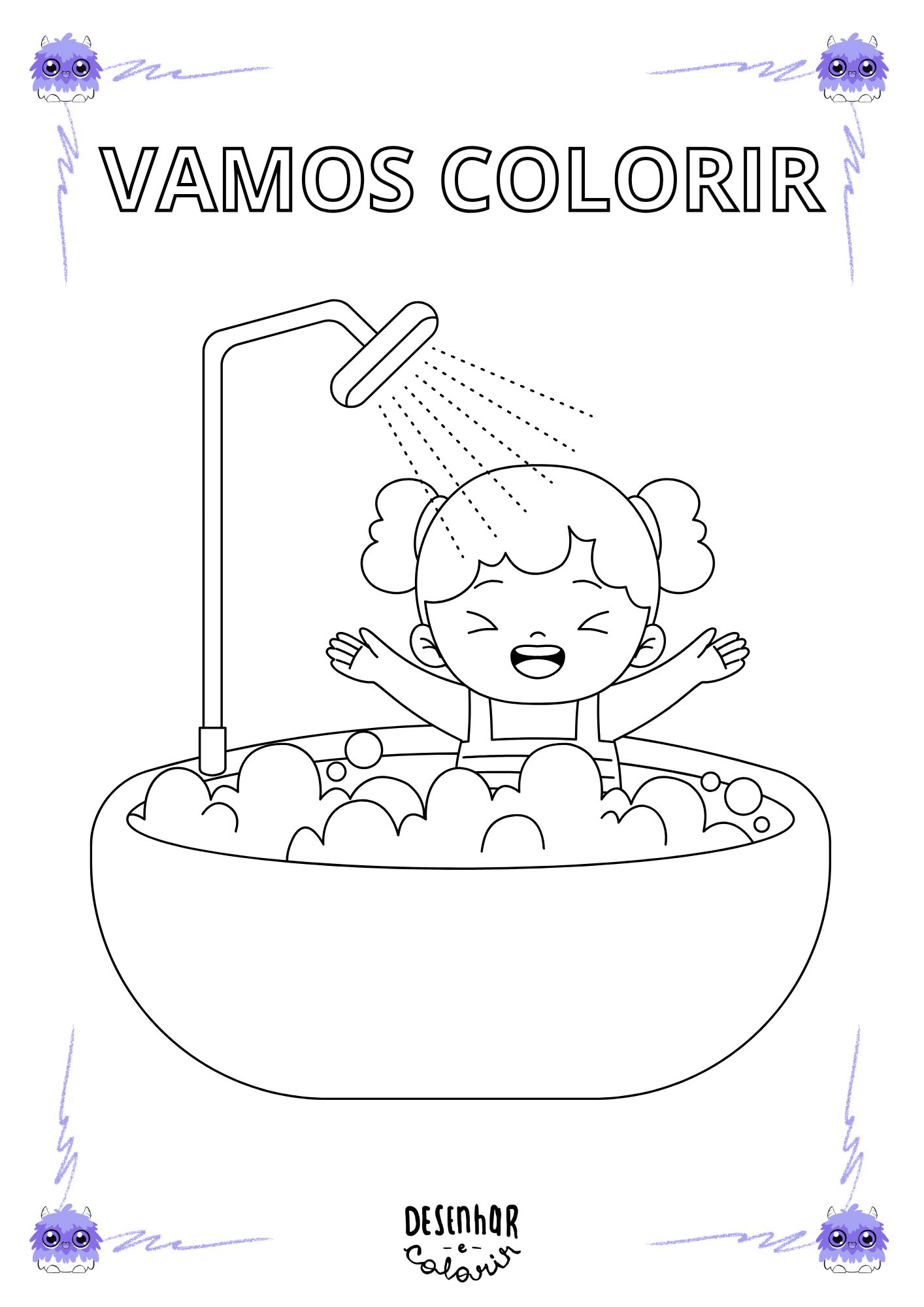 Desenho de criança tomando banho em uma banheira com bolhas e um patinho de borracha.