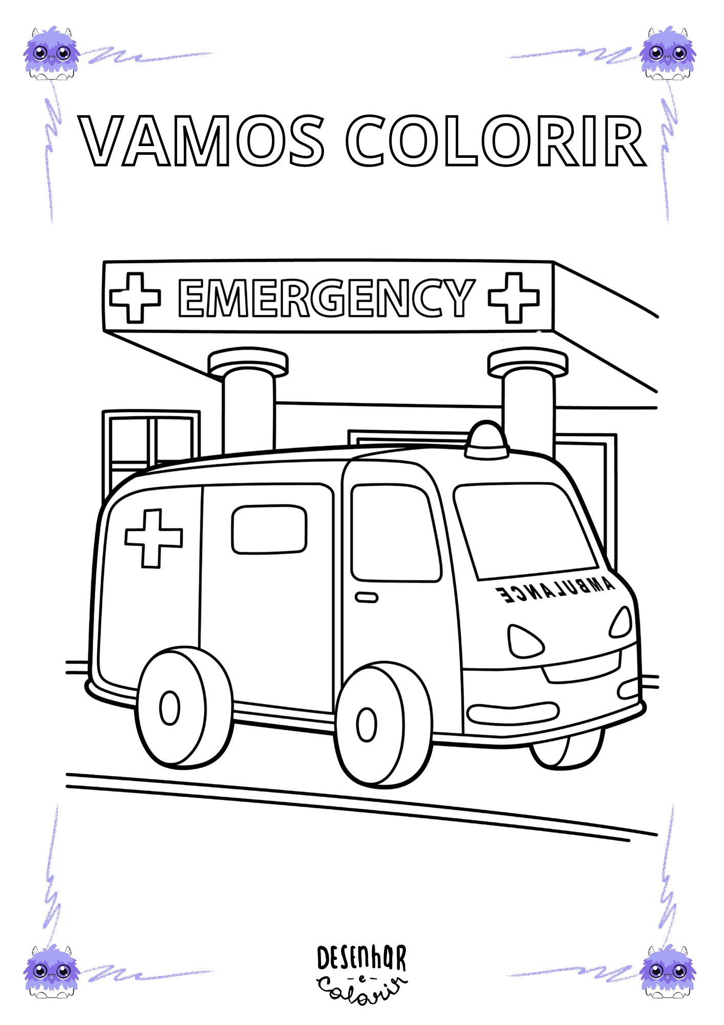 Ilustração de hospital com ambulância e doutores para colorir.