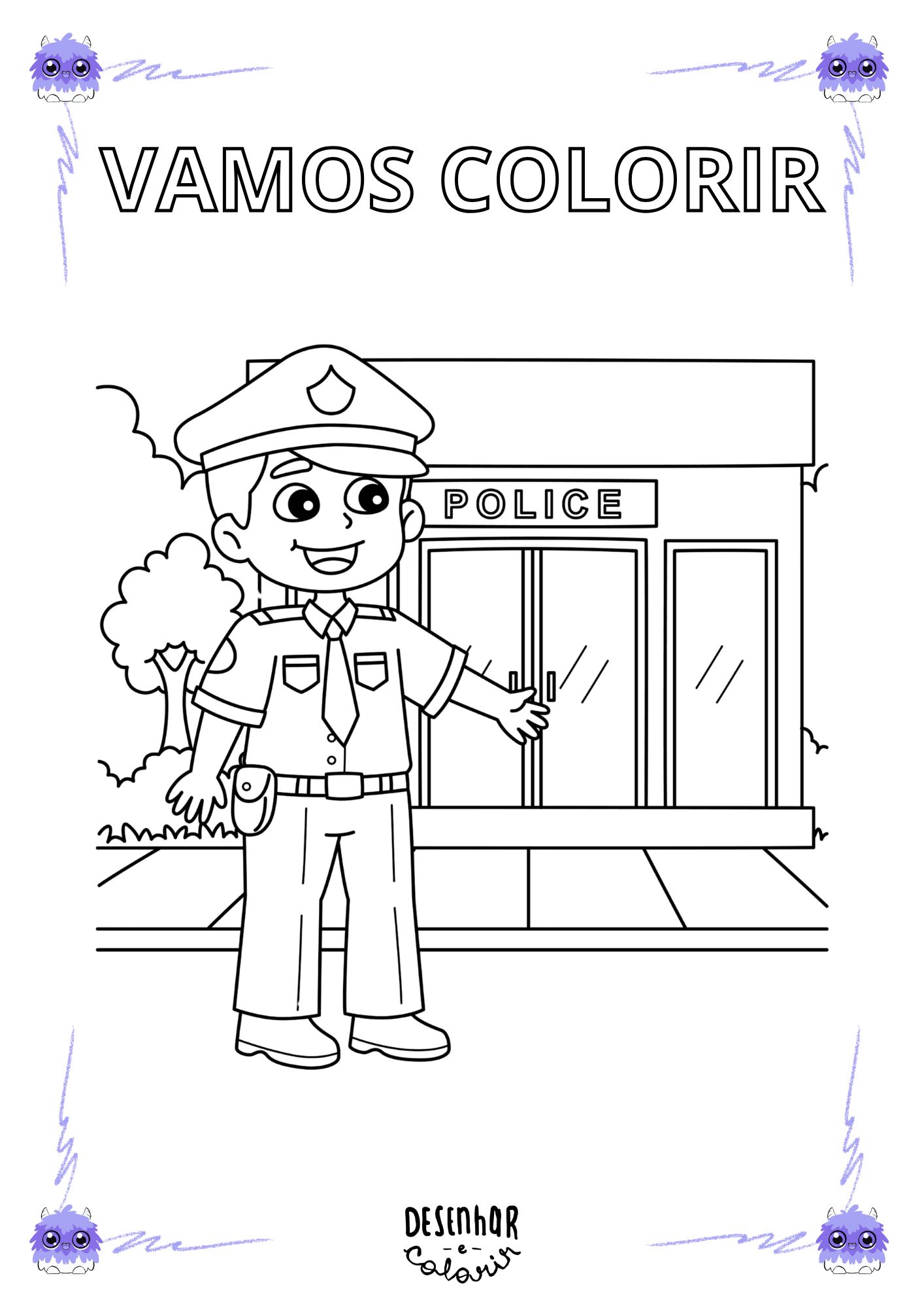 Desenho de um policial segurando um apito, pronto para colorir.
