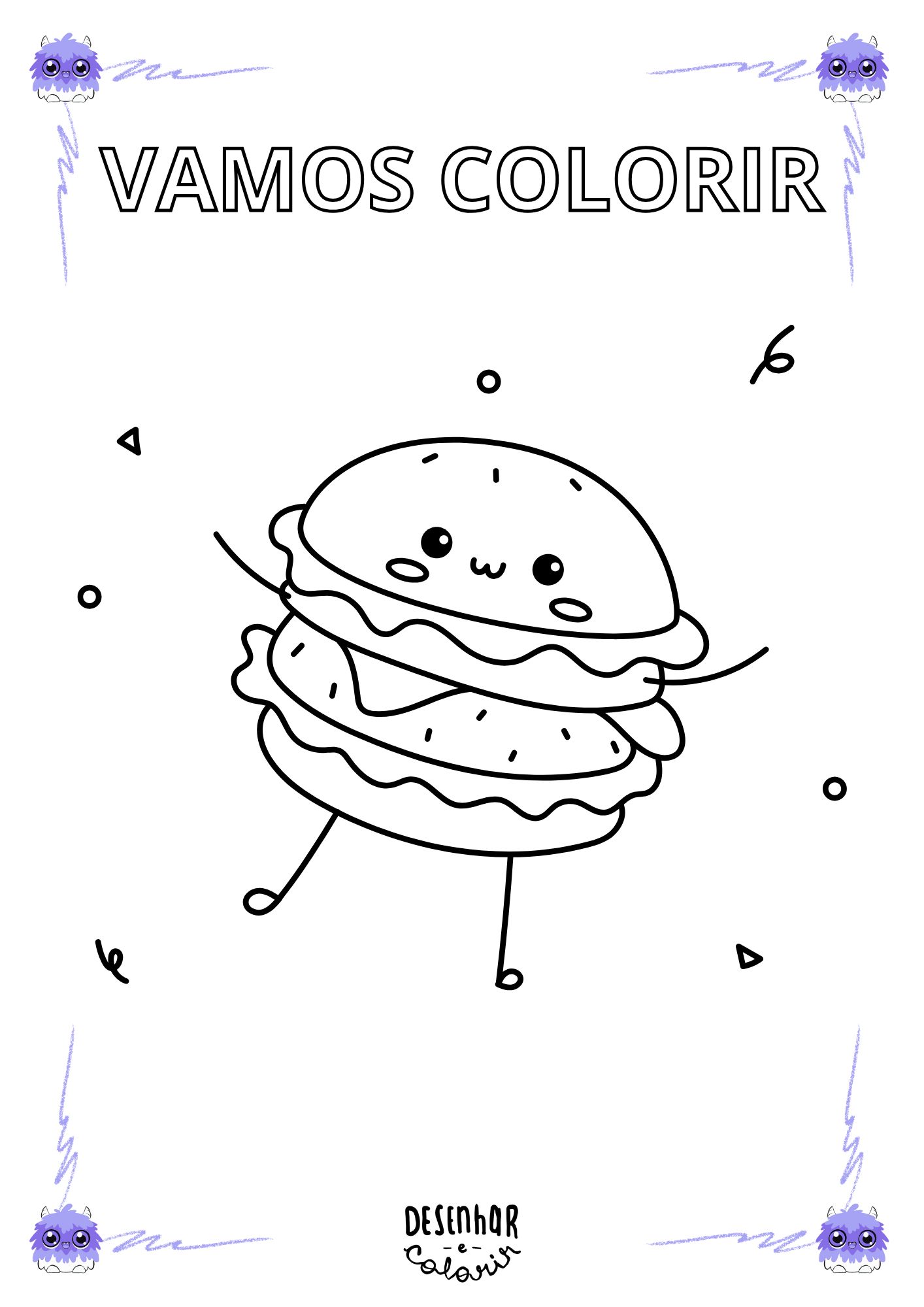 Desenho de hambúrguer para colorir, com pão, carne, queijo, tomate e alface.
