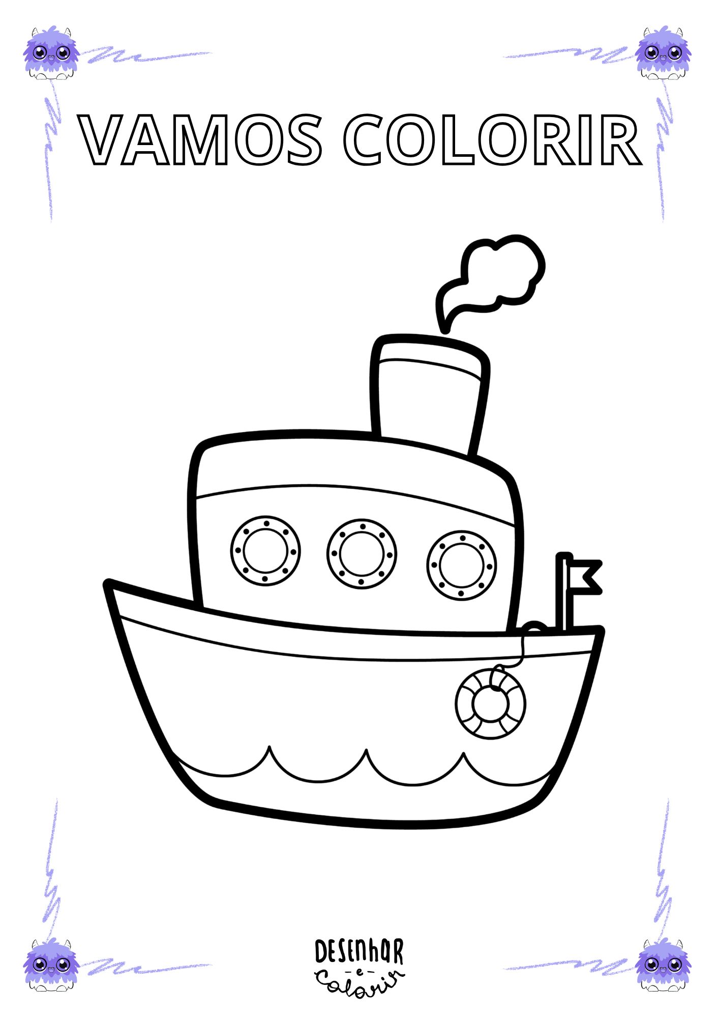 Desenho de barco para colorir em preto e branco.