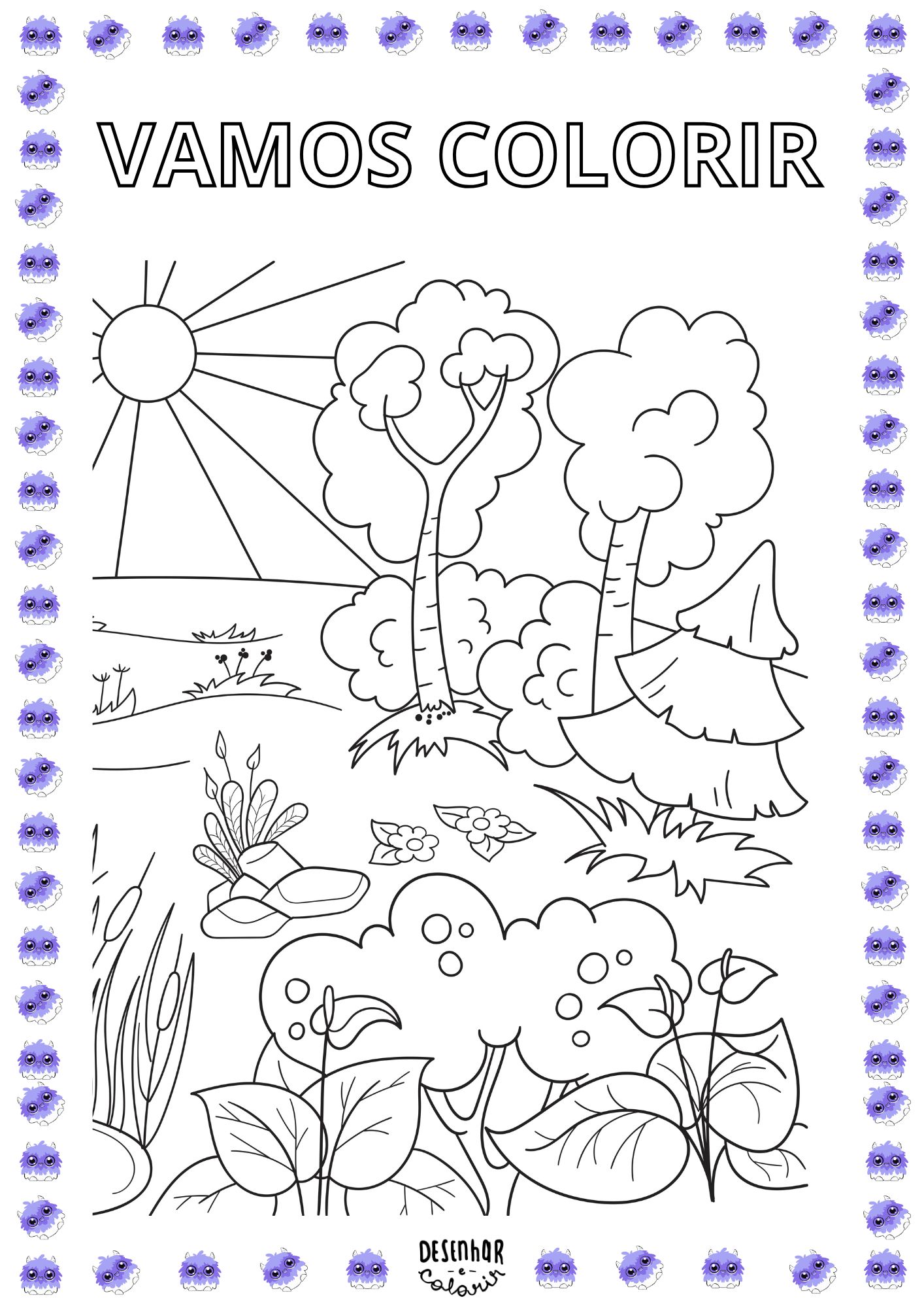 Desenho para colorir com uma floresta encantada, animais e pássaros.