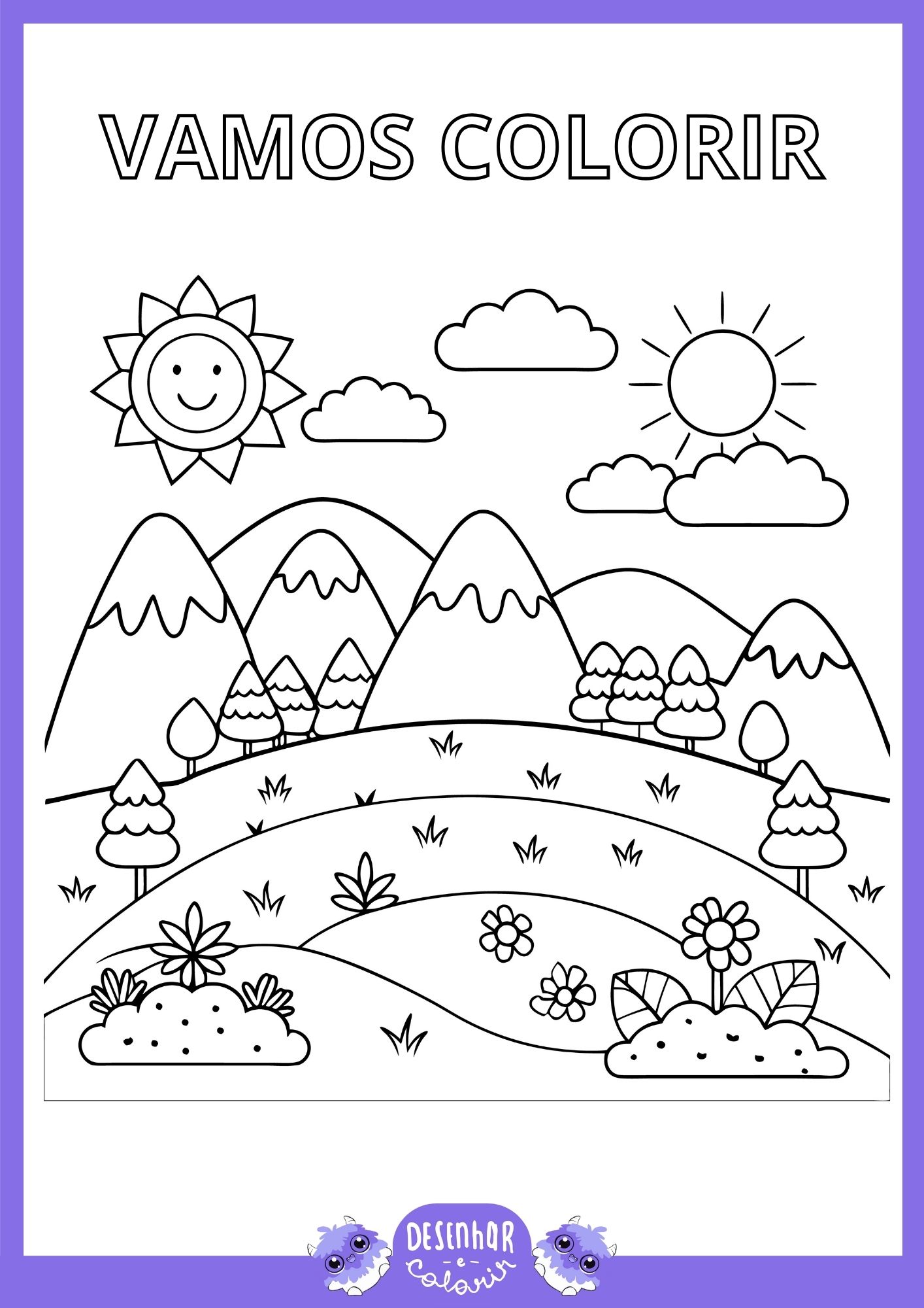Desenho de uma paisagem natural com montanhas, rio e árvores para colorir