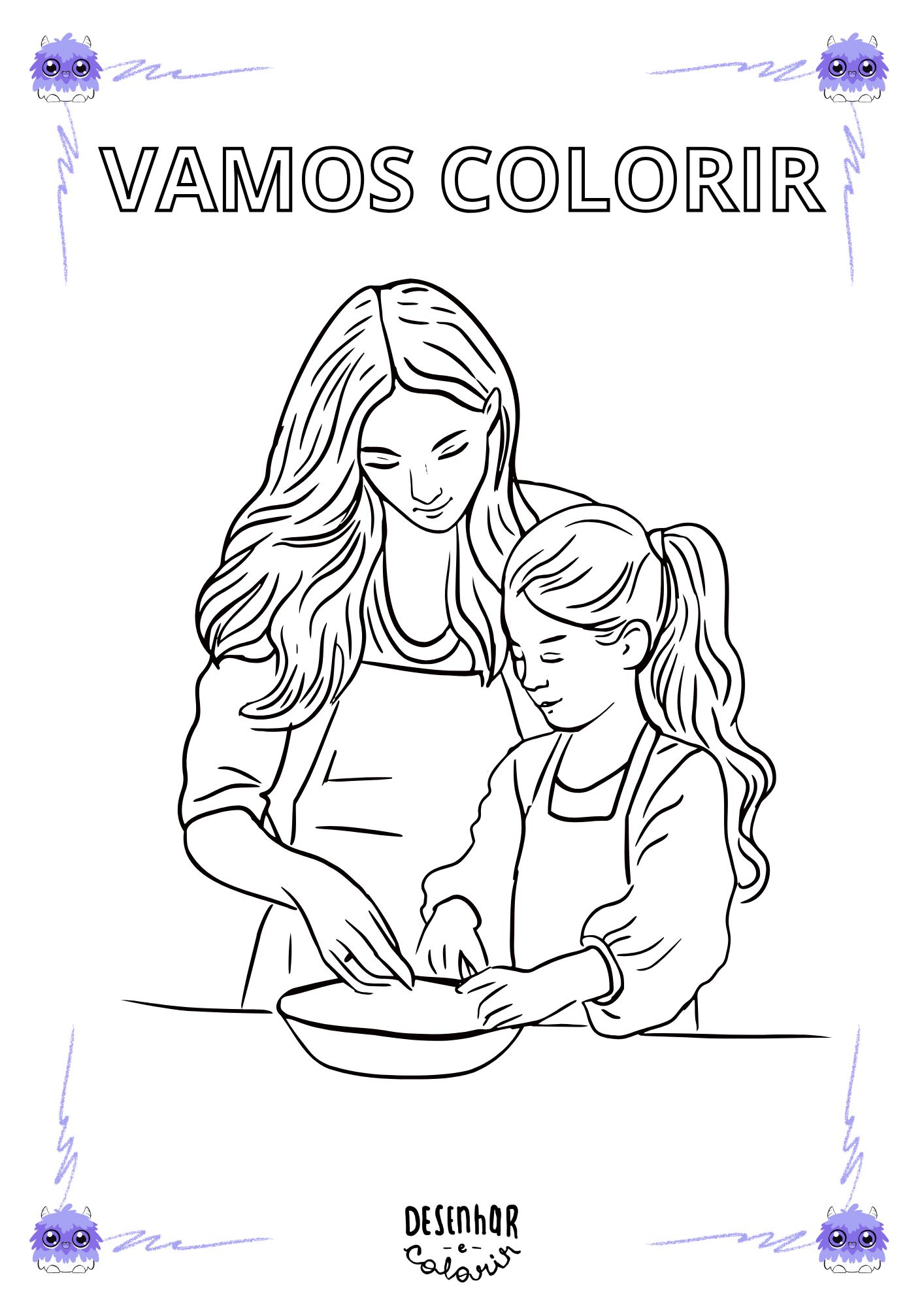 Desenho em preto e branco de uma mãe e filha sorrindo, para colorir.