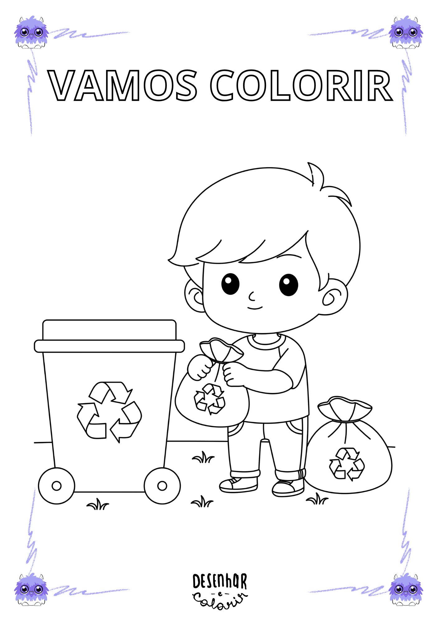 Desenho de reciclagem para colorir com diferentes lixeiras de materiais recicláveis.